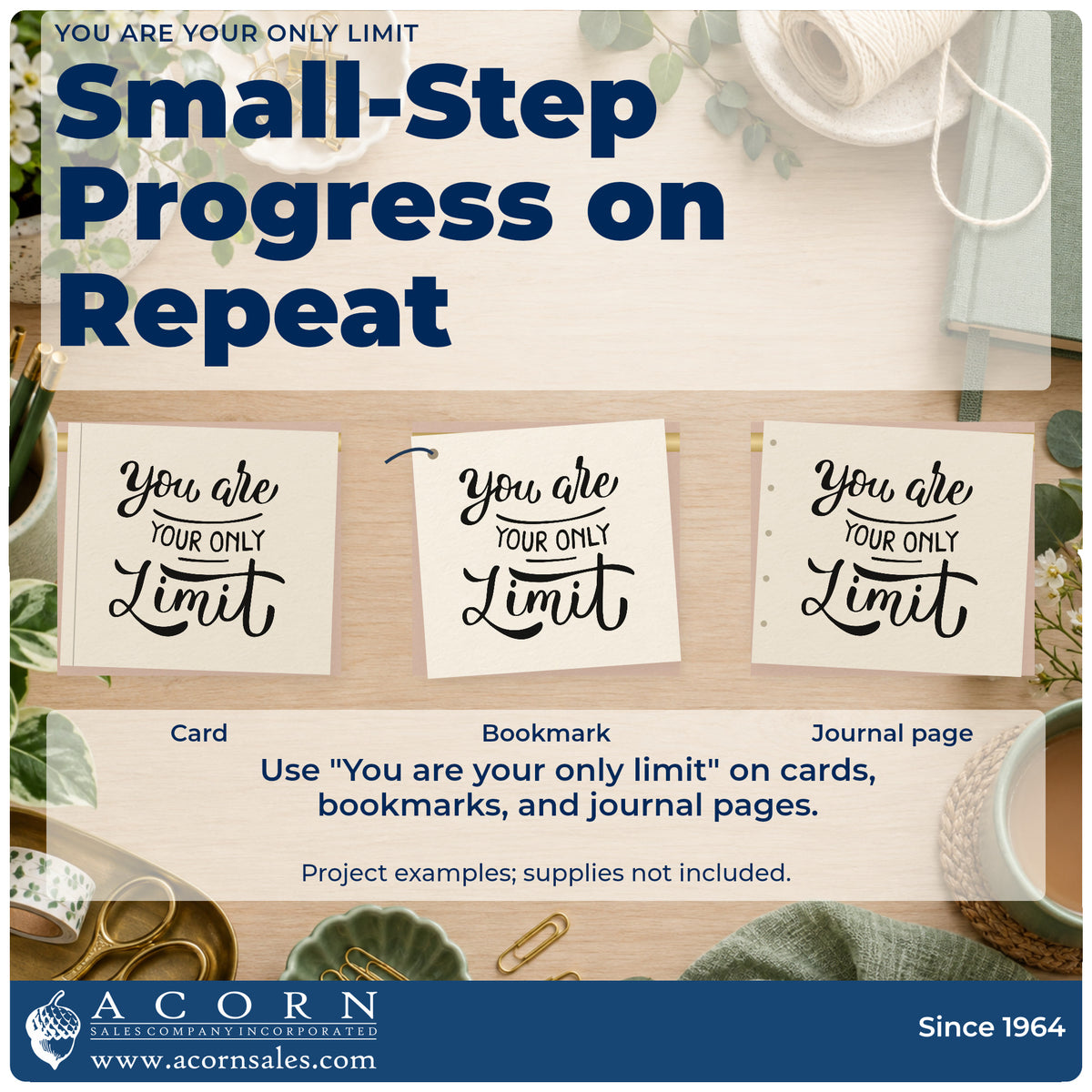 Three project examples made with the You Are Your Only Limit Lettering Stamp – Premium Vintage Pro Wooden, including lift log sheet.