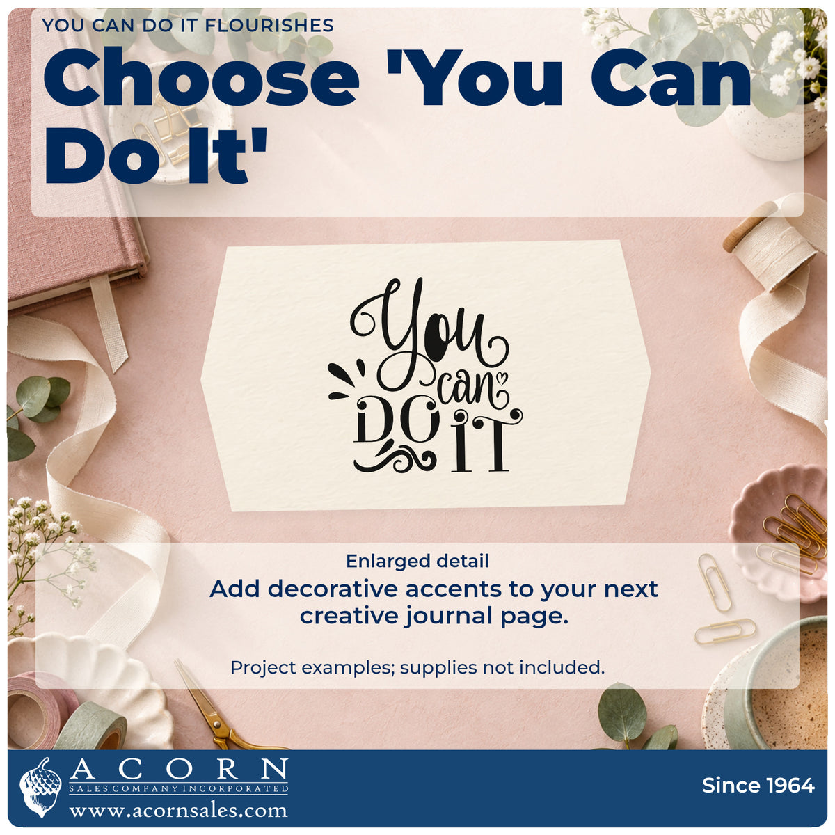 Enlarged detail of the You Can Do It Flourishes With Hearts PSI Pre-Inked Stamp imprint. The phrase "You can do it" appears in bold decorative lettering with a small heart and curled accents.