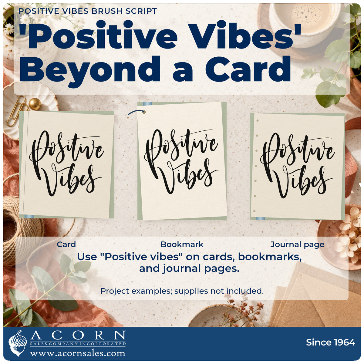 Three project examples made with the Positive Vibes Brush Script Lettering Self-Inking Stamp, including swell log sheet.