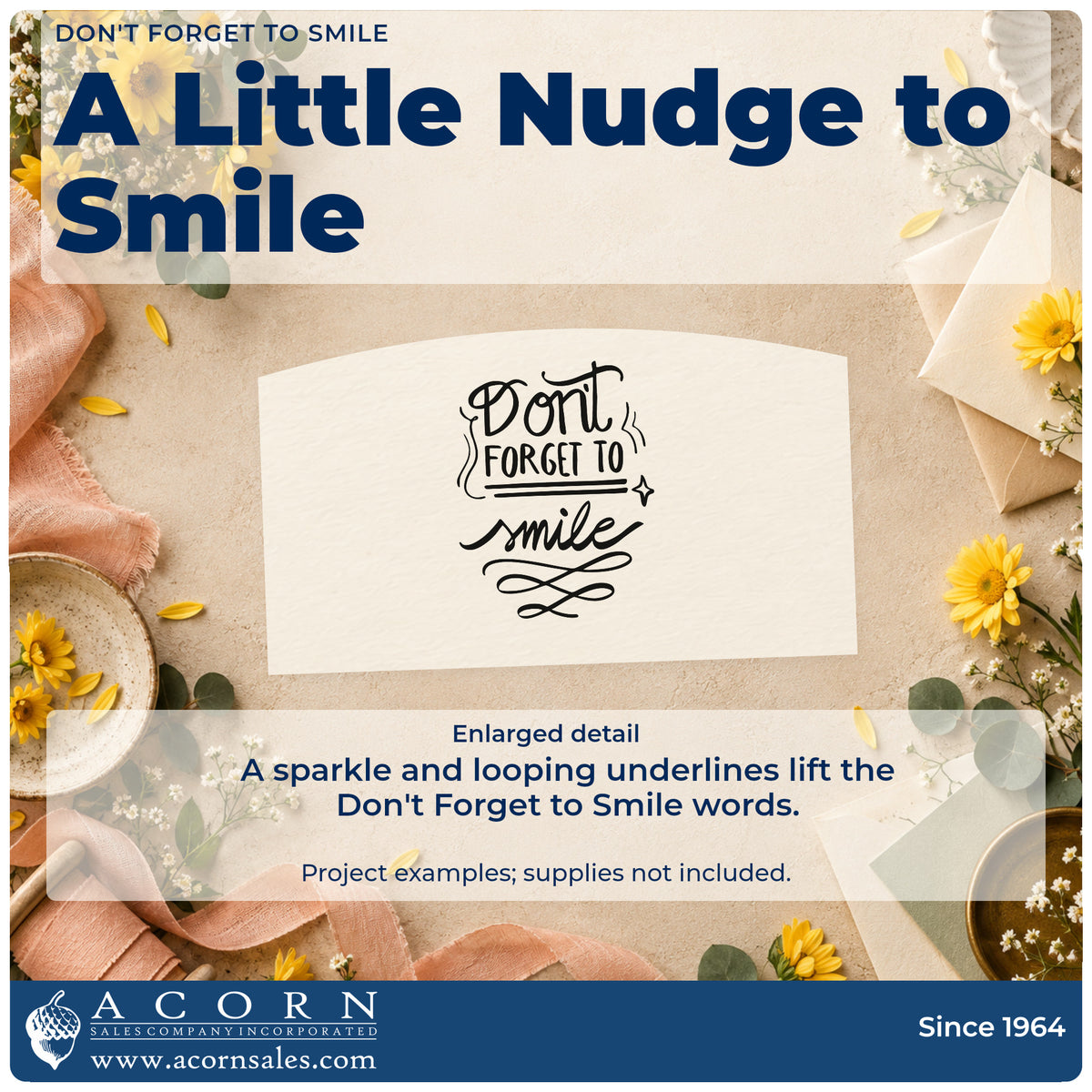 Enlarged detail of the Don't Forget To Smile With Sparkles Rubber Stamp – Wood Handle imprint. The phrase "Don't forget to smile" appears with outlined accents, a small sparkle, and looping underlines.