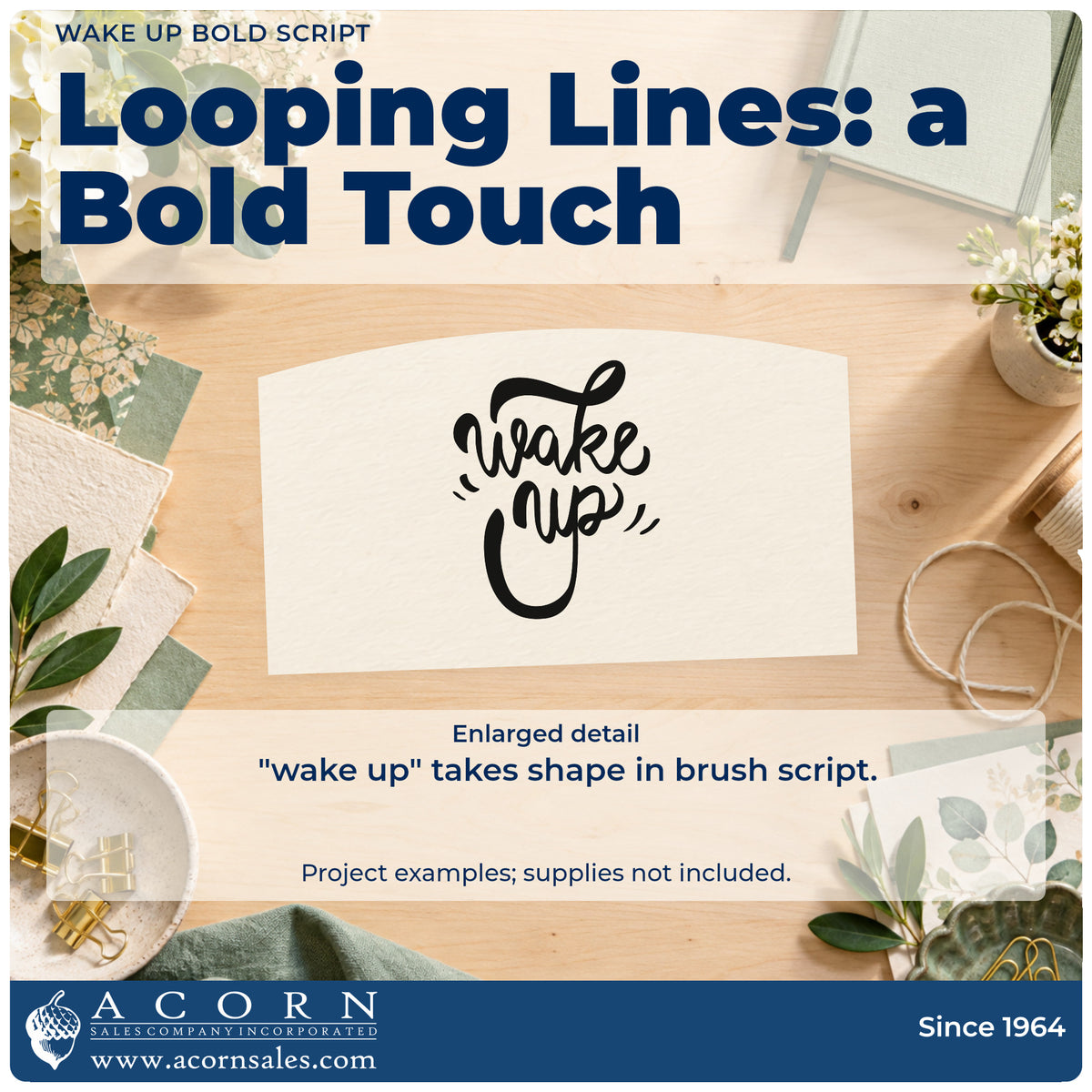 Enlarged detail of the Wake Up Premium Wooden Stamp – Vintage Pro imprint. The words "wake up" appear in bold brush script with curled letterforms and small accent marks.