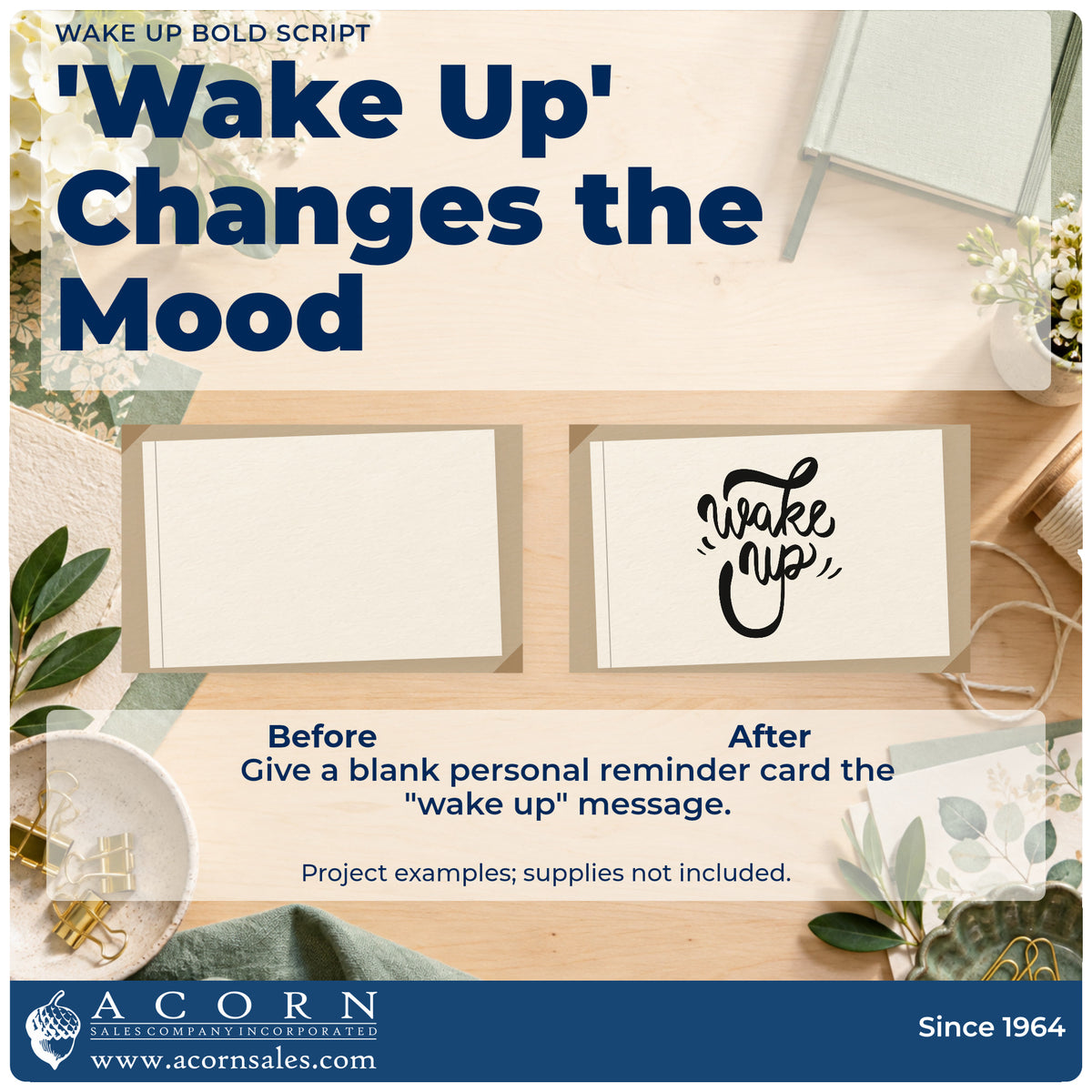 Before and after of a plain item finished with the Wake Up Craft Stamp – Self-Inking, a quick upgrade for framed bake room.