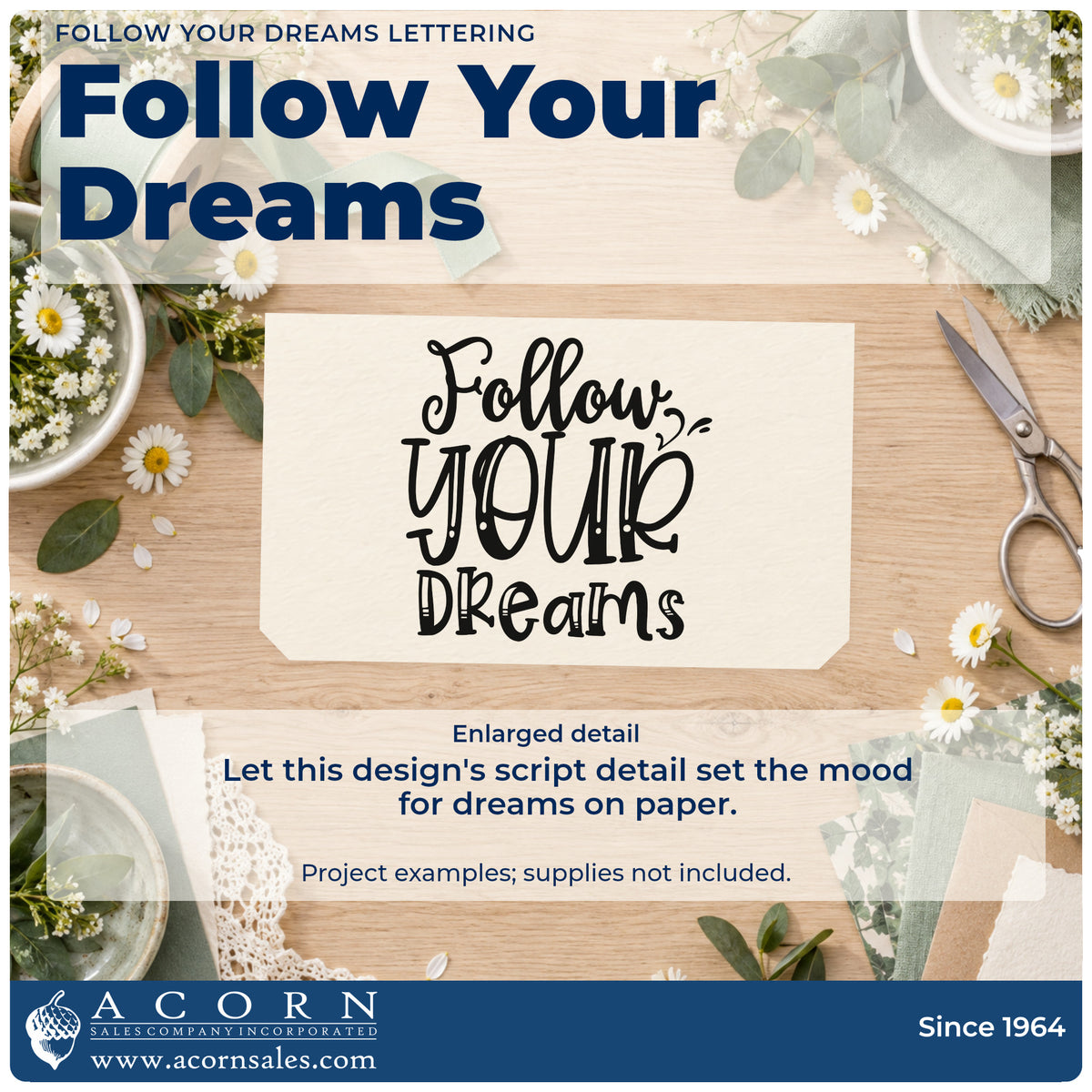 Enlarged detail of the Follow Your Dreams PSI Pre-Inked Stamp imprint. The words "Follow your dreams" appear in large mixed script and decorative capitals.