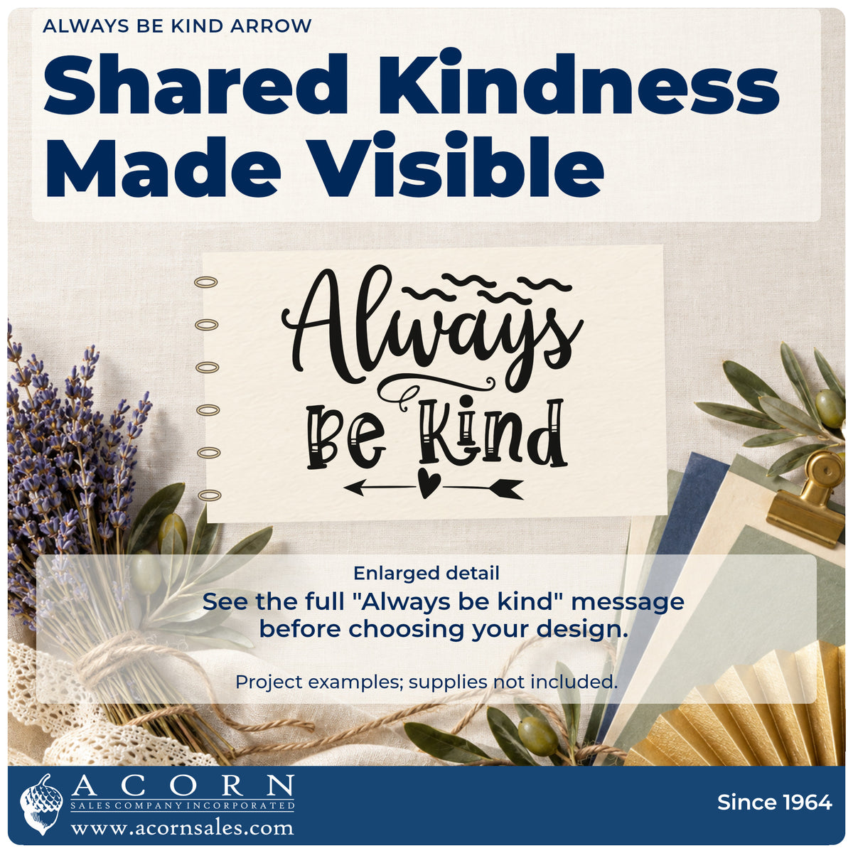 Enlarged detail of the Always Be Kind Arrow Rubber Stamp – Duo Hand imprint. The phrase "Always be kind" appears with wavy marks, a curled flourish, and a heart-centered arrow.