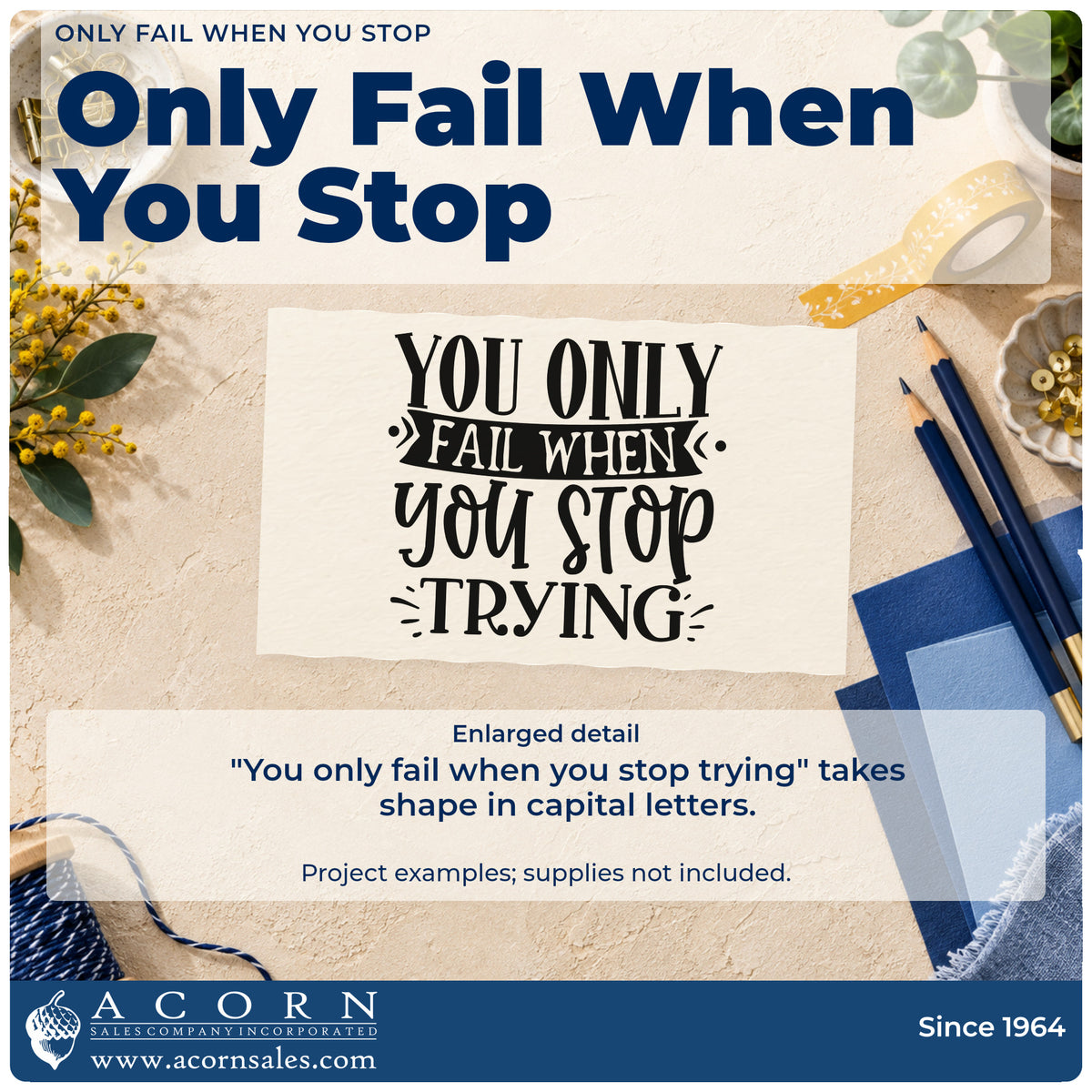 Enlarged detail of the Only Fail When You Stop Hand Stamp – Duo imprint. The phrase "You only fail when you stop trying" appears in mixed capitals with a ribbon banner and rays.