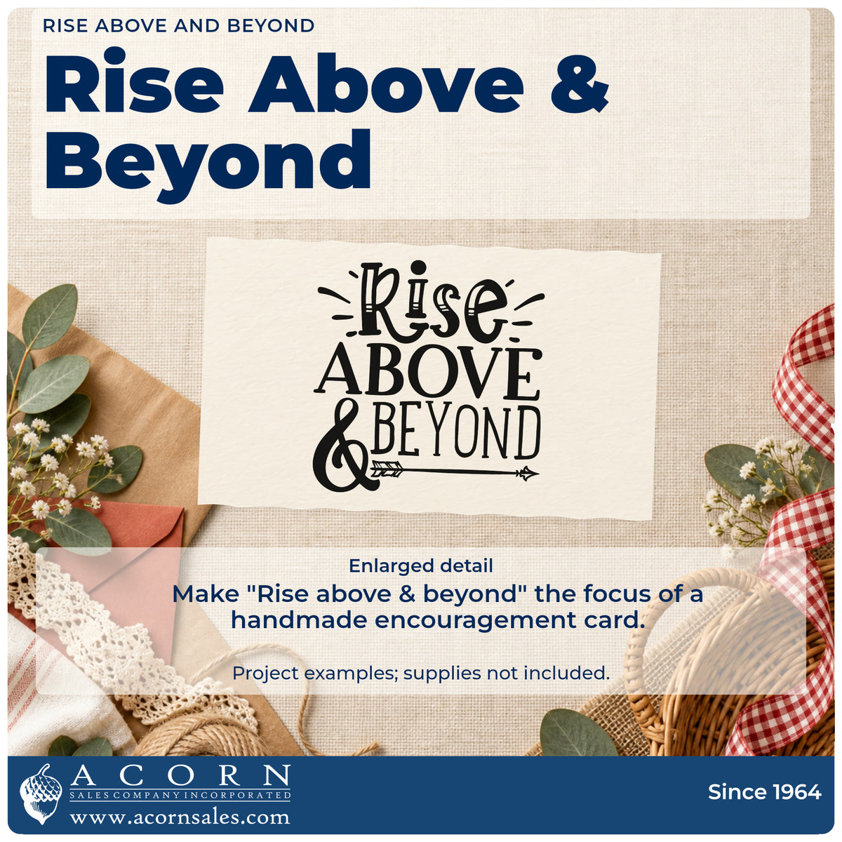 Enlarged detail of the Rise Above And Beyond Self-Inking Stamp imprint. The words "Rise above & beyond" appear in decorative lettering with emphasis marks and a long arrow.