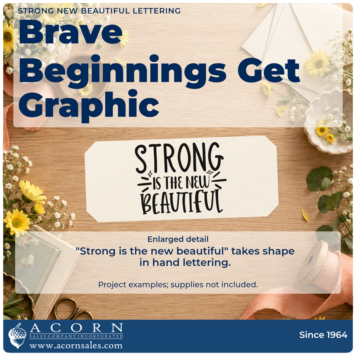 Enlarged detail of the Strong New Beautiful Lettering Stamp – Self-Inking imprint. The phrase "Strong is the new beautiful" appears in stacked hand lettering with emphasis marks.