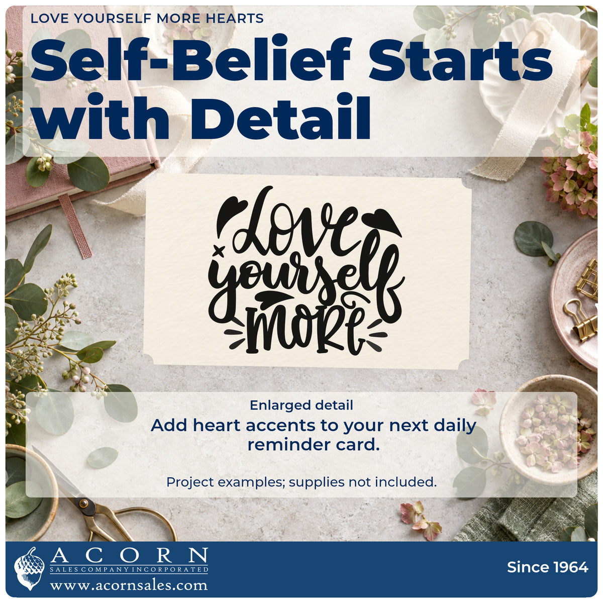 Enlarged detail of the Love Yourself More Pre-Inked Stamp – Slim imprint. The words "Love yourself more" appear in bold script with hearts and decorative rays.