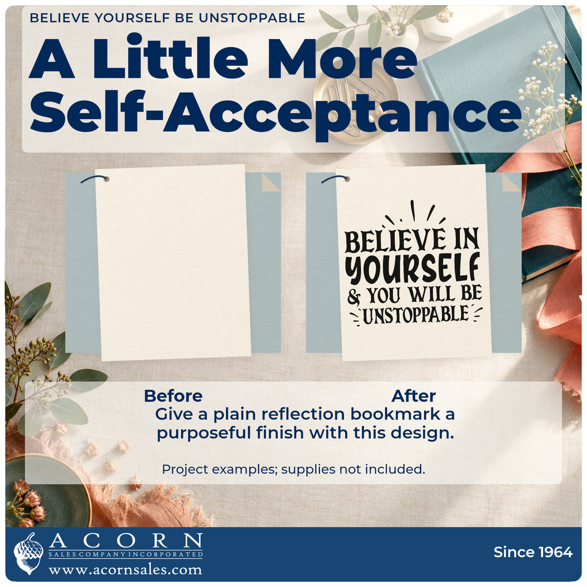 Before and after of a plain item finished with the Believe Yourself Be Unstoppable Stamp – Slim Pre-Inked, a quick upgrade for framed gym corner.