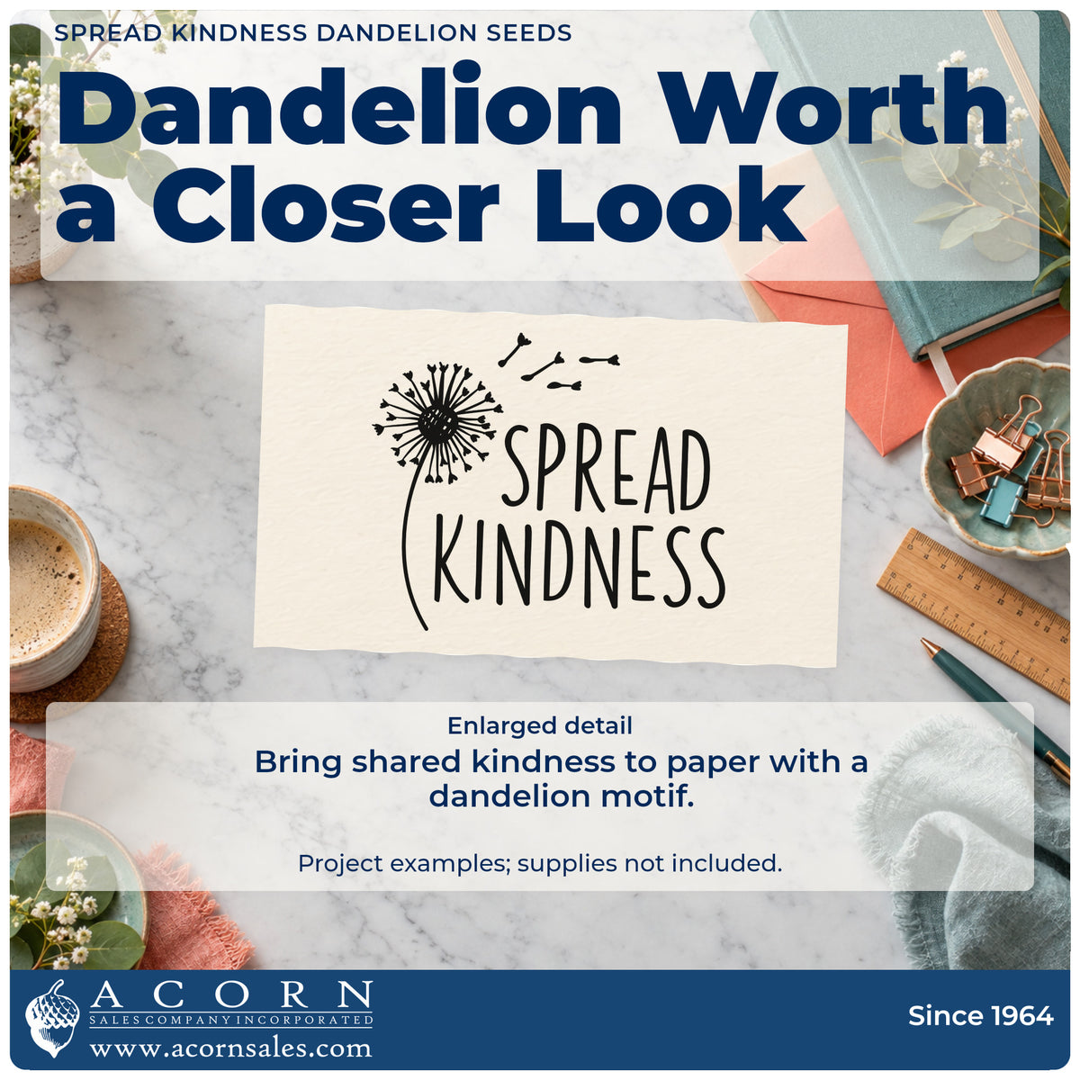 Enlarged detail of the Spread Kindness Dandelion Seeds Lettering Rubber Stamp – Wood Handle imprint. The words "Spread kindness" appear beside a dandelion releasing seeds into the air.