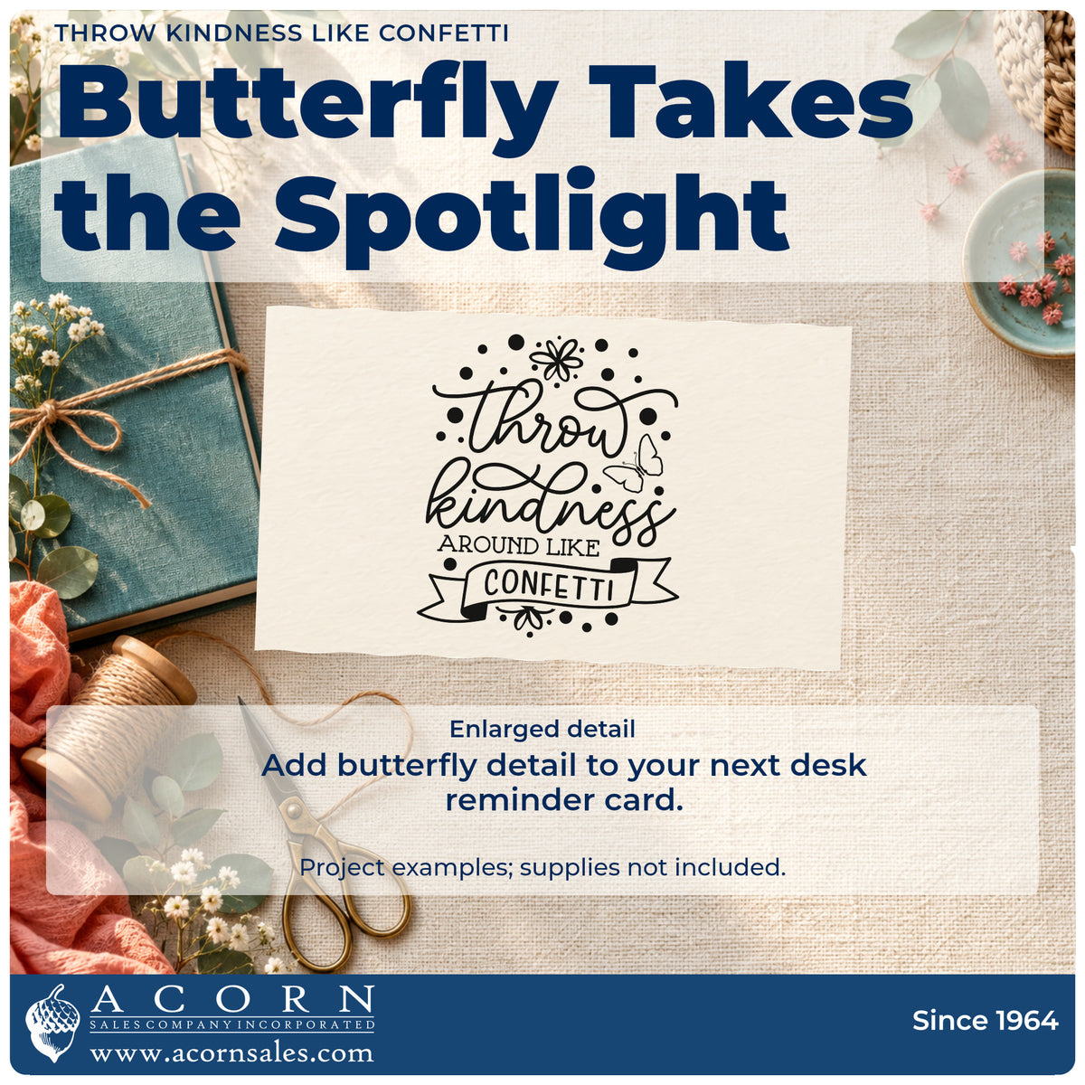 Enlarged detail of the Slim Pre-Inked Throw Kindness Around Like Confetti Stamp imprint. The phrase "throw kindness around like confetti" includes flowers, dots, a butterfly, and a ribbon banner.
