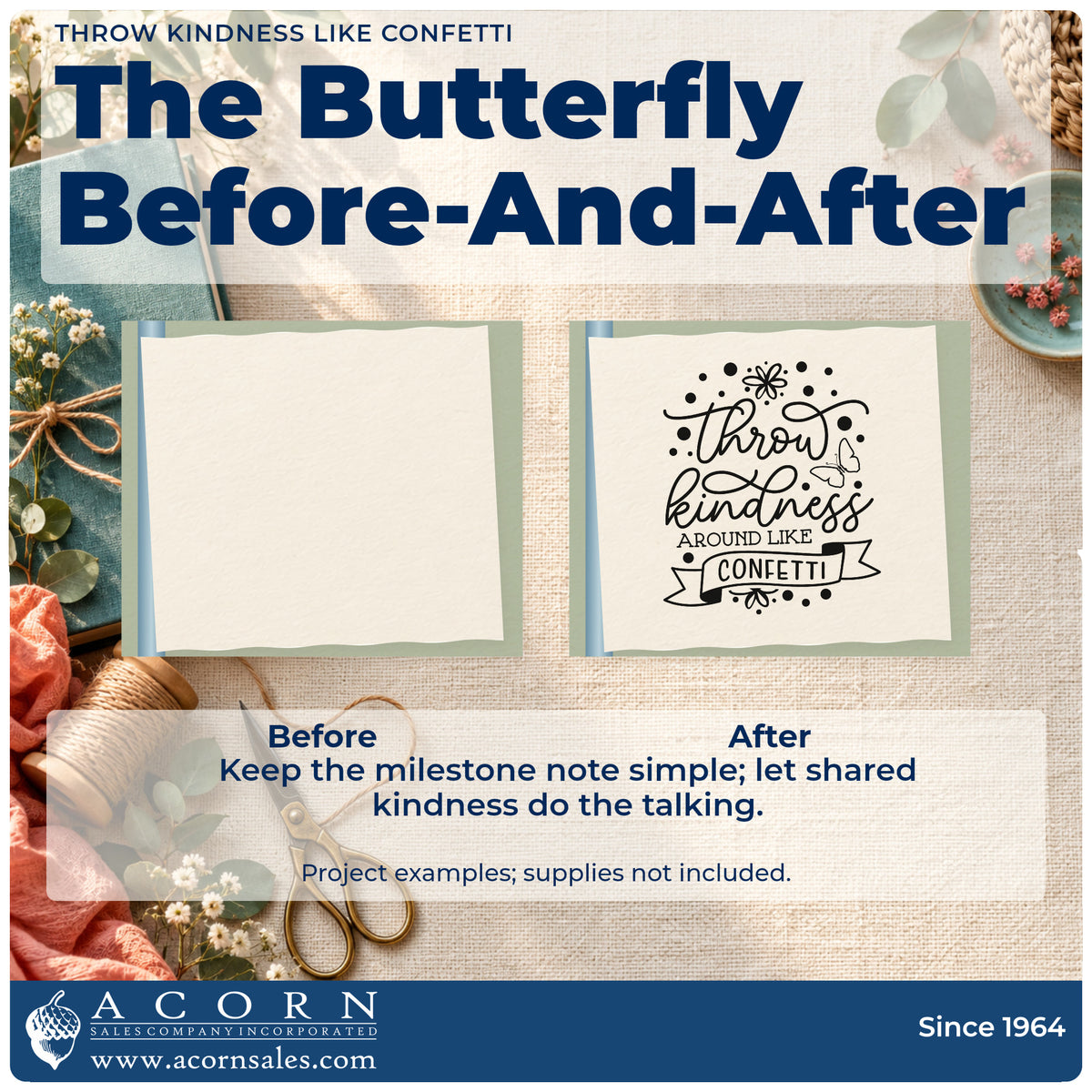 Before and after of a plain item finished with the Slim Pre-Inked Throw Kindness Around Like Confetti Stamp, a quick upgrade for framed community center.