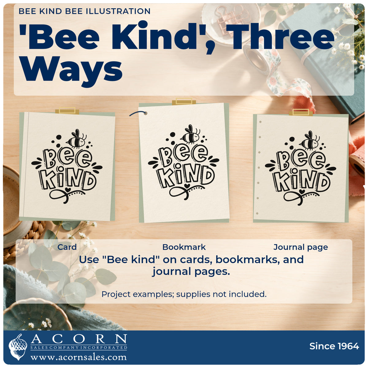 Three project examples made with the Bee Kind Outlined Lettering With Bee Hand Stamp – Duo, including colony check sheet.