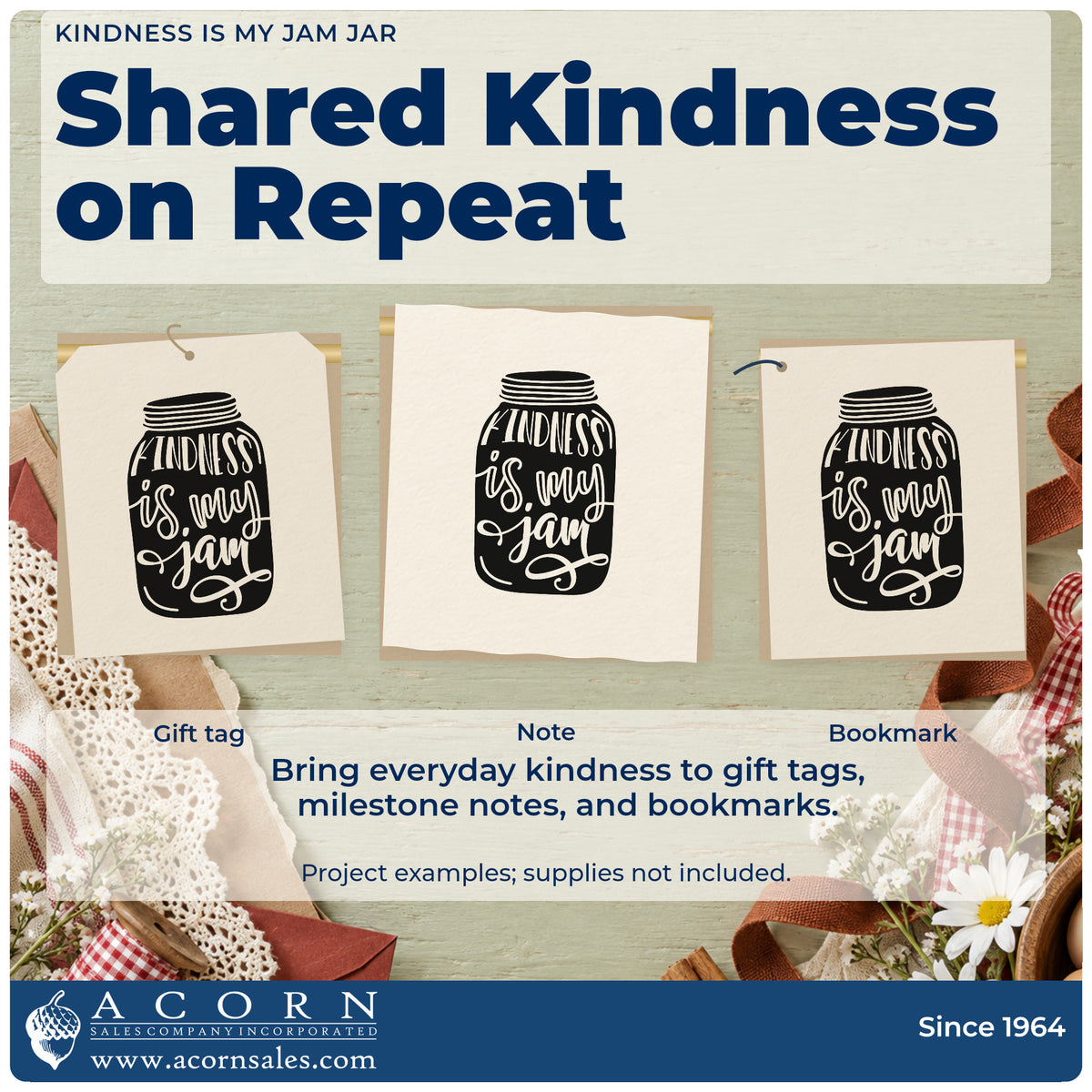 Three project examples made with the Kindness Is My Jam Jar Lettering Stamp – Self-Inking, including signup slot sheet.