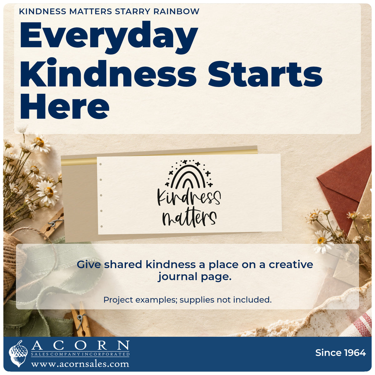 A finished handmade project stamped with the Kindness Matters Starry Rainbow Premium Wooden Stamp – Vintage Pro, ideal for sideline album page.