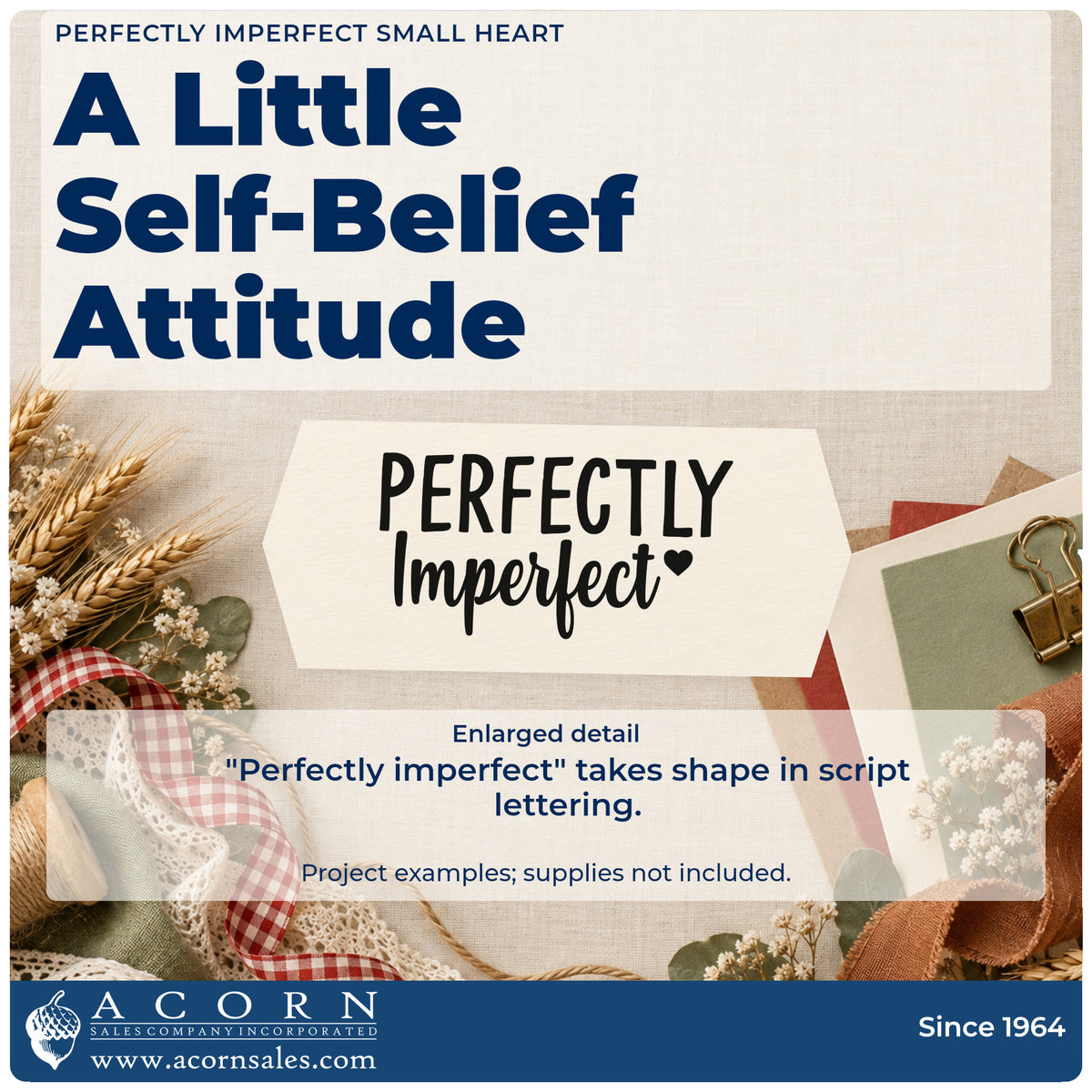 Enlarged detail of the Perfectly Imperfect Small Heart Wood Handle Stamp imprint. The words "Perfectly imperfect" appear in capitals and script beside a small solid heart.
