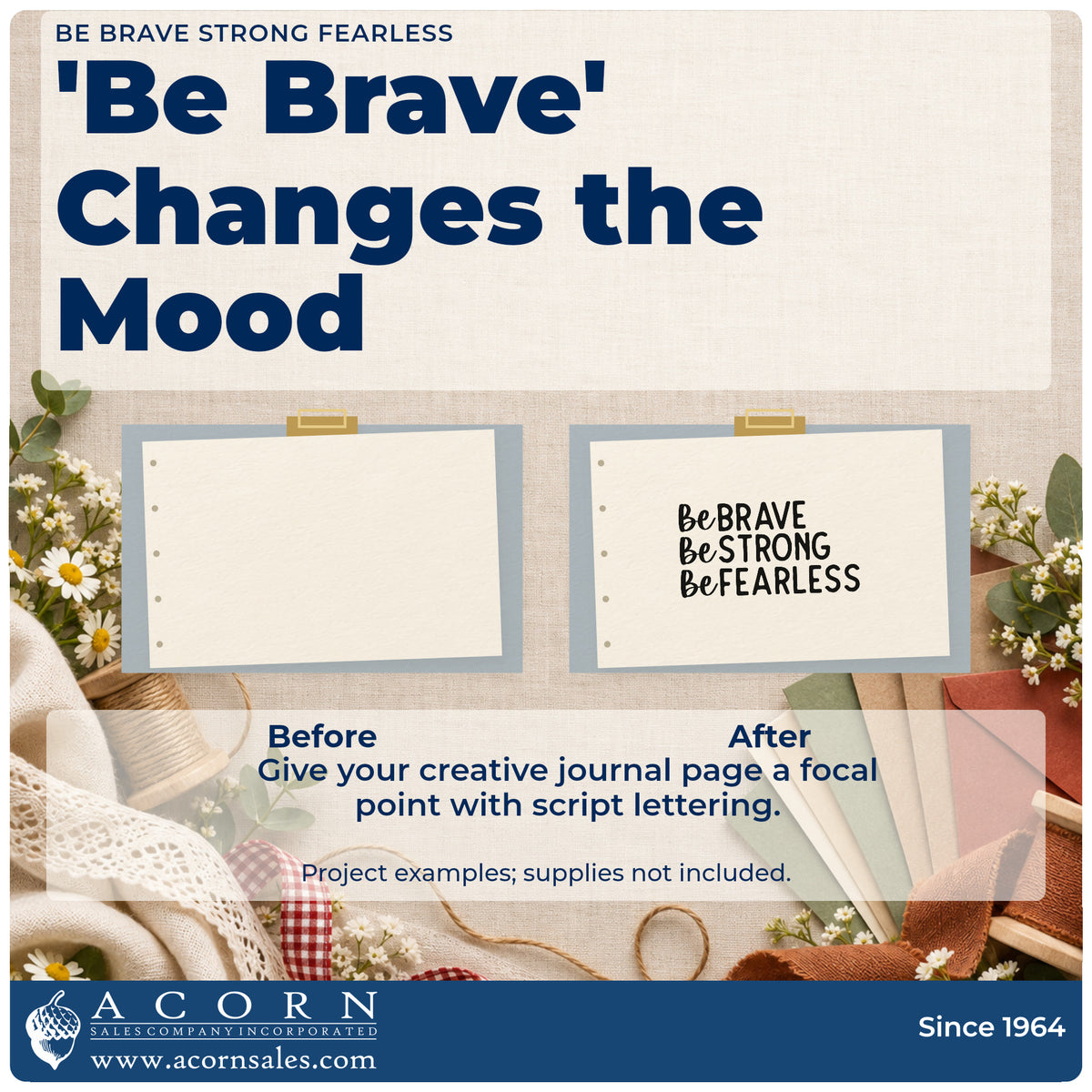 Before and after of a plain item finished with the Be Brave Strong Fearless Premium Wooden Stamp – Vintage Pro, a quick upgrade for framed station kitchen.