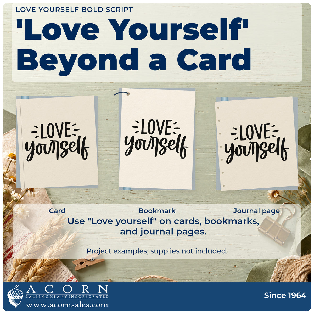 Three project examples made with the Love Yourself Bold Script Rubber Stamp – Duo Hand, including cure time sheet.