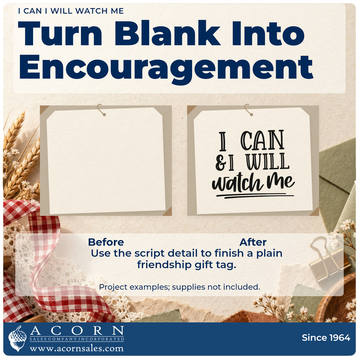 Before and after of a plain item finished with the I Can I Will Watch Me Stamp – Self-Inking, a quick upgrade for framed dojo entry.