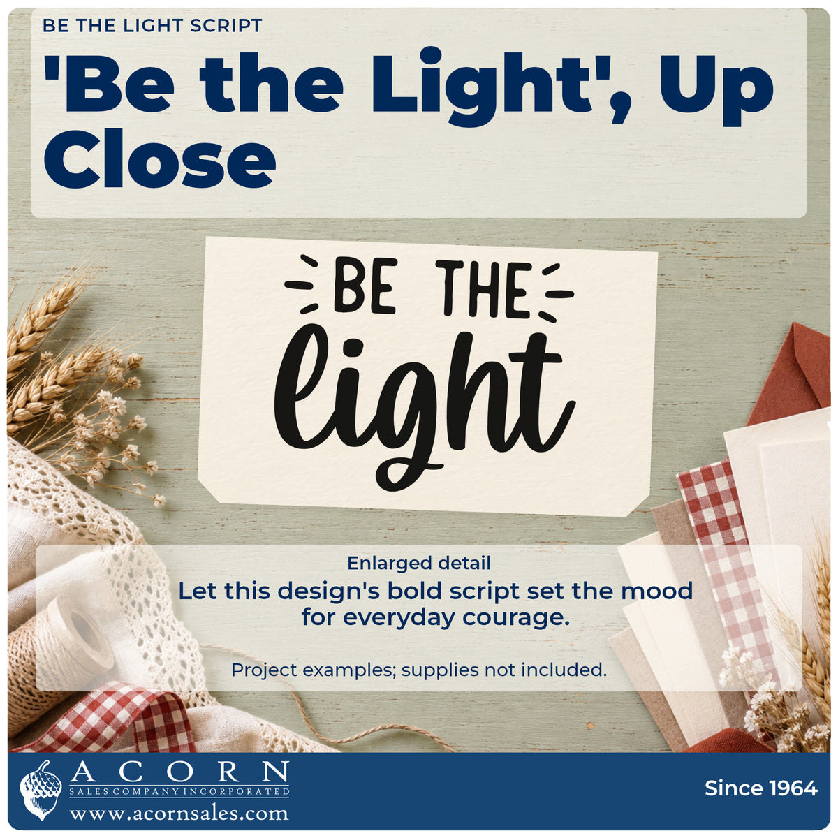 Enlarged detail of the Be The Light Script Slim Pre-Inked Stamp imprint. The words "Be the light" appear in capitals and oversized bold script with decorative rays.