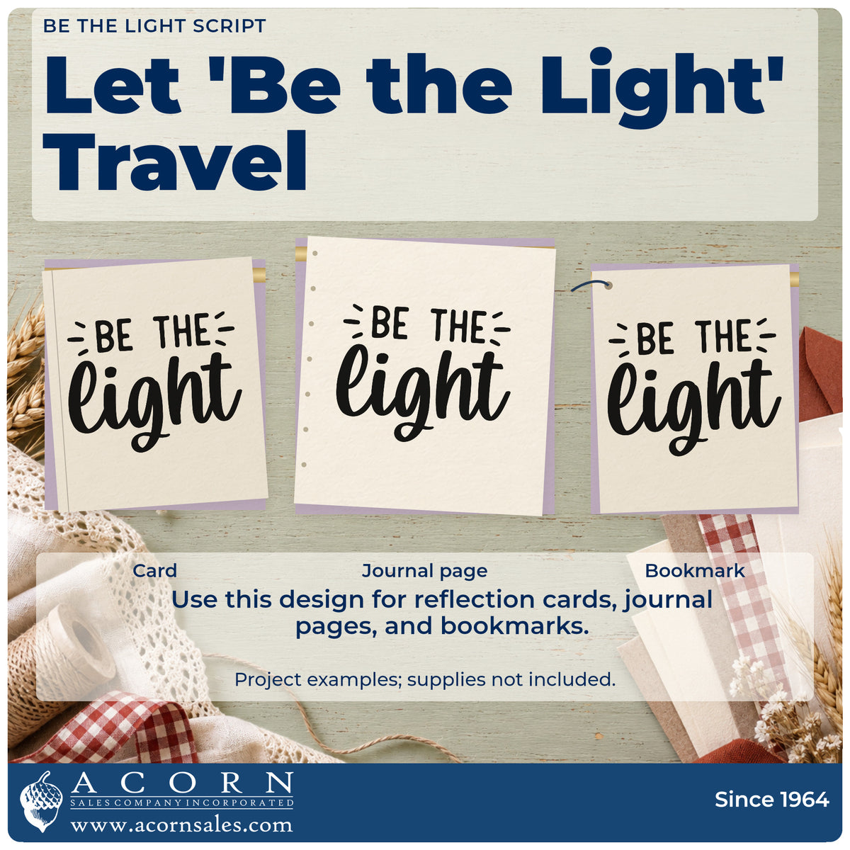 Three project examples made with the Be The Light Script Self-Inking Stamp, including pour record sheet.