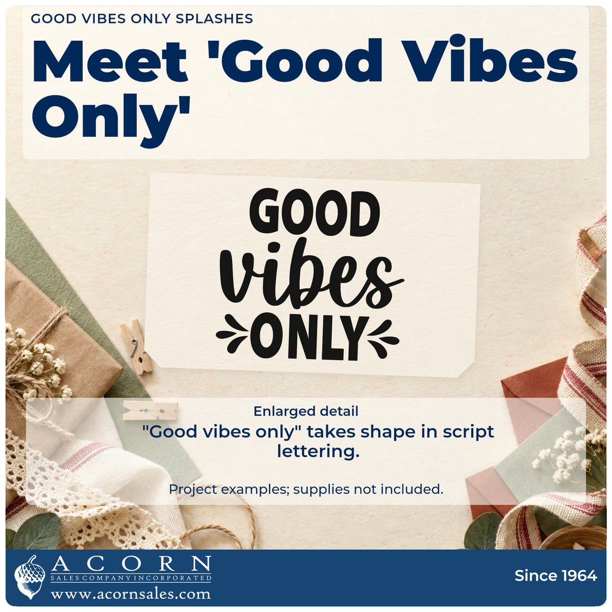 Enlarged detail of the Good Vibes Only Splashes Script Lettering Stamp – Self-Inking imprint. The words "Good vibes only" appear in heavy capitals and script with splash accents.