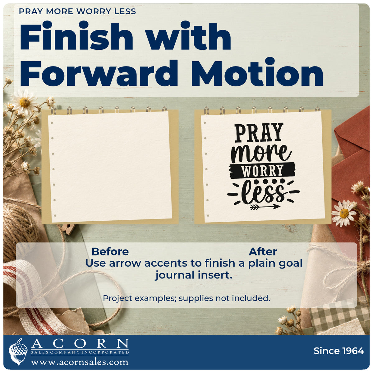 Before and after of a plain item finished with the PSI Pre-Inked Pray More Worry Less Arrow Motif Stamp, a quick upgrade for framed fellowship room.