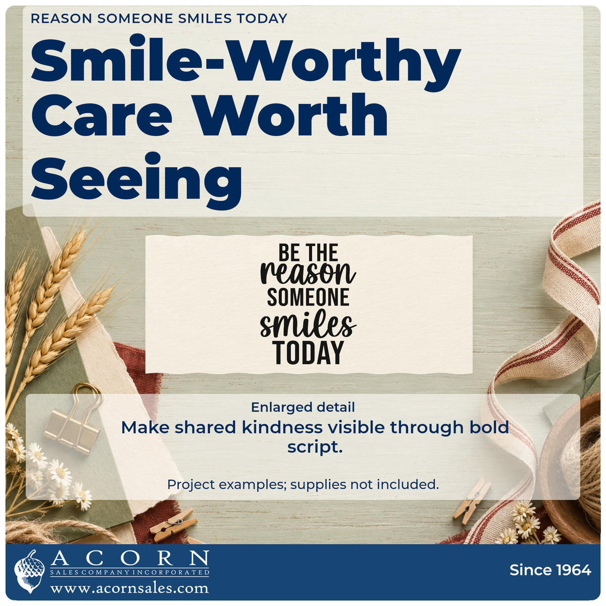 Enlarged detail of the Be The Reason Someone Smiles Today Stamp – Duo Hand imprint. The phrase "Be the reason someone smiles today" alternates plain capitals with bold script.