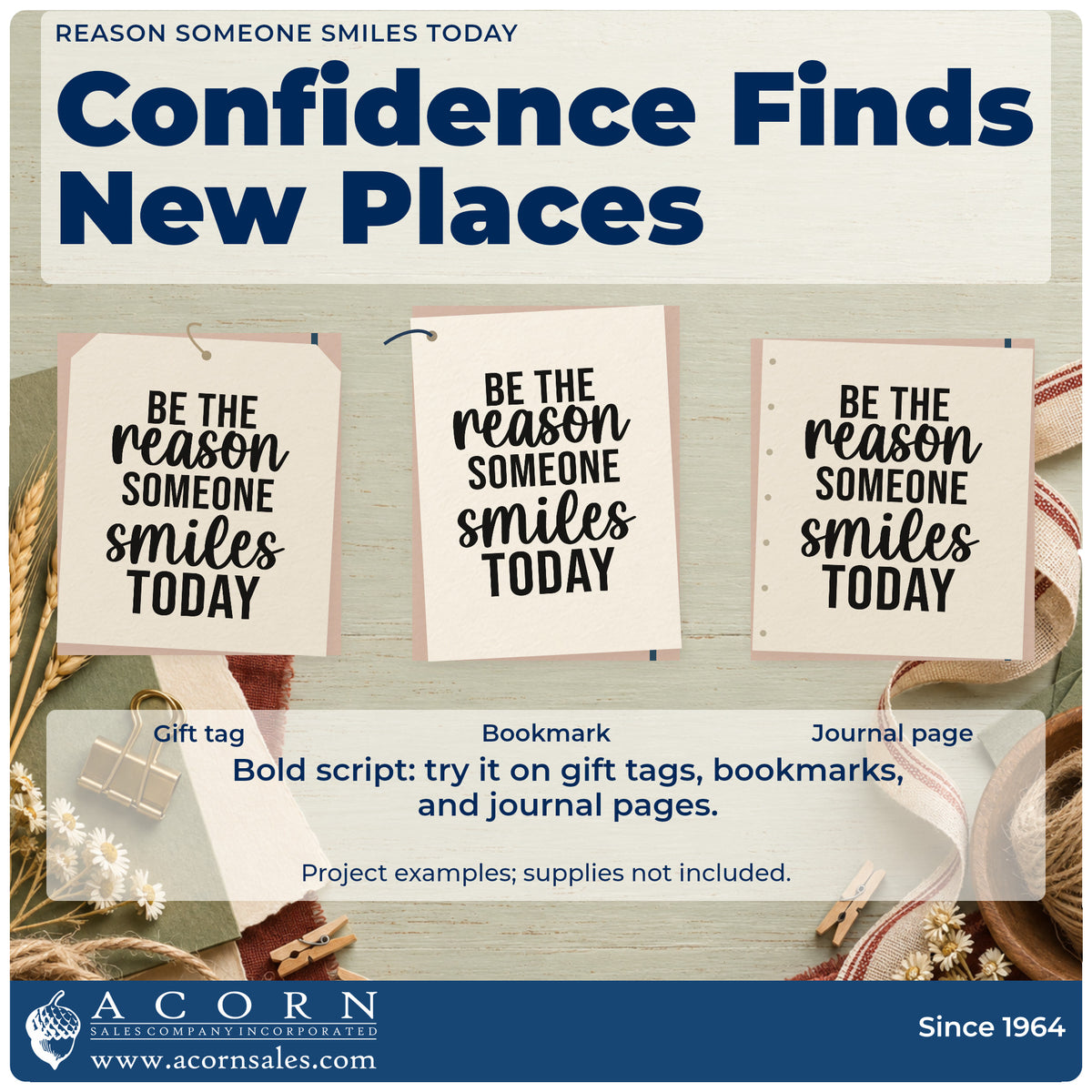 Three project examples made with the Be The Reason Someone Smiles Today Slim Pre-Inked Stamp, including route note sheet.