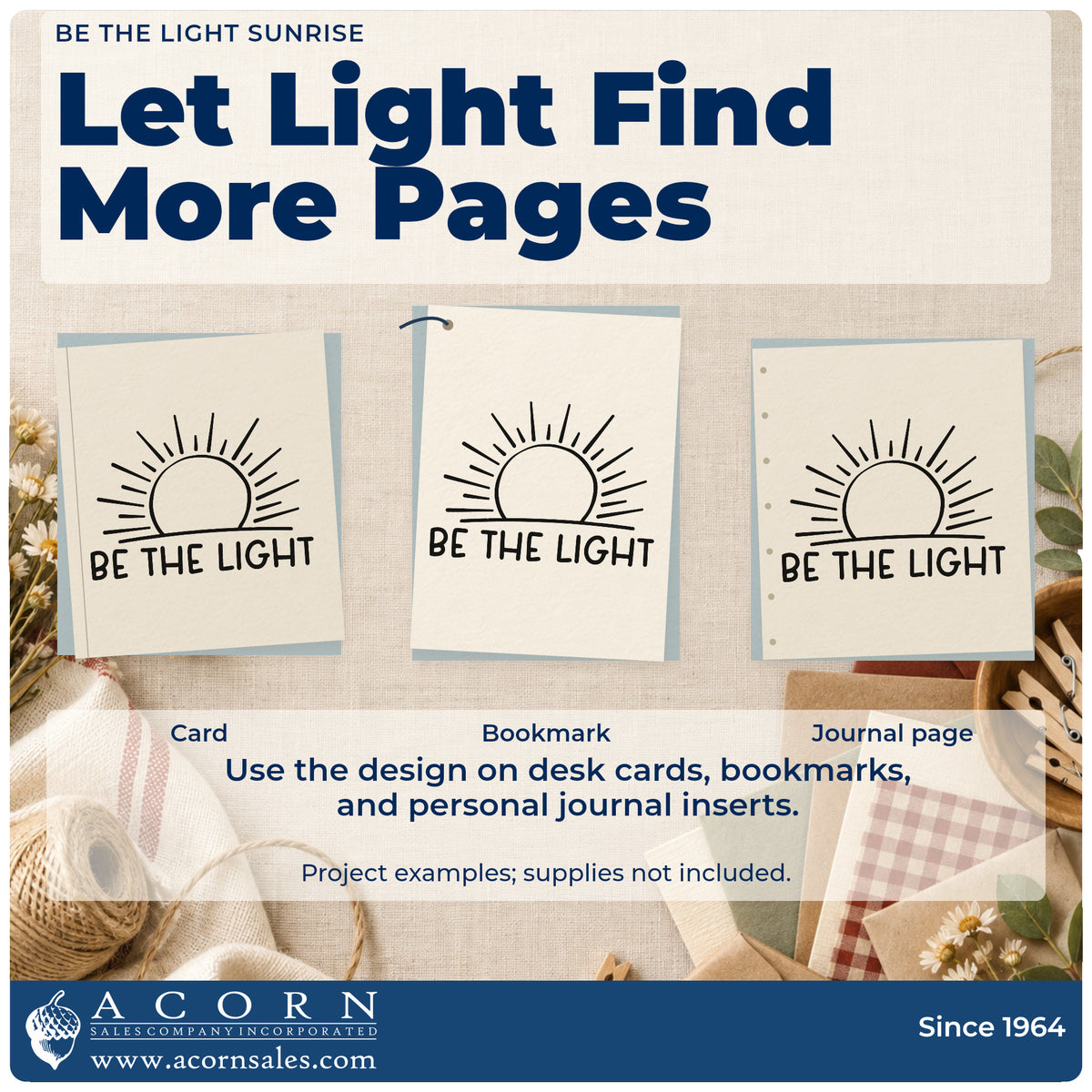 Three project examples made with the Vintage Pro Be The Light Sunrise Outline Detail Premium Wooden Stamp, including weekly route sheet.