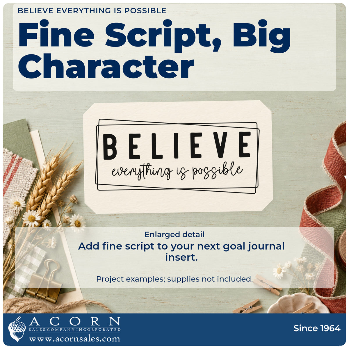 Enlarged detail of the Believe Everything Is Possible Frame Rubber Stamp – Wood Handle imprint. Two overlapping thin rectangular outlines frame Believe above the script words everything is possible.