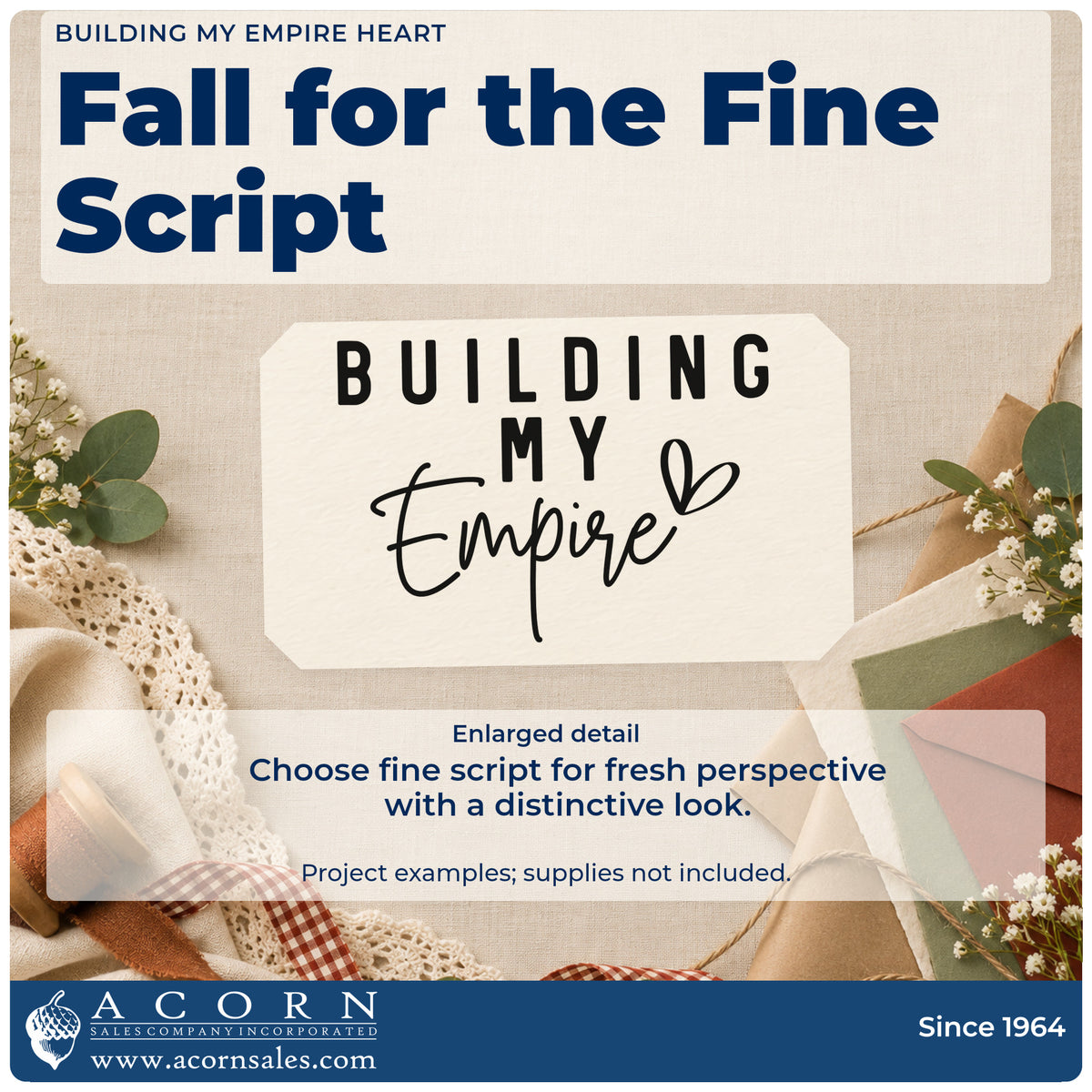 Enlarged detail of the Building My Empire Rubber Stamp – Wood Handle imprint. The words "Building my empire" appear in spaced capitals and fine script with an outlined heart.