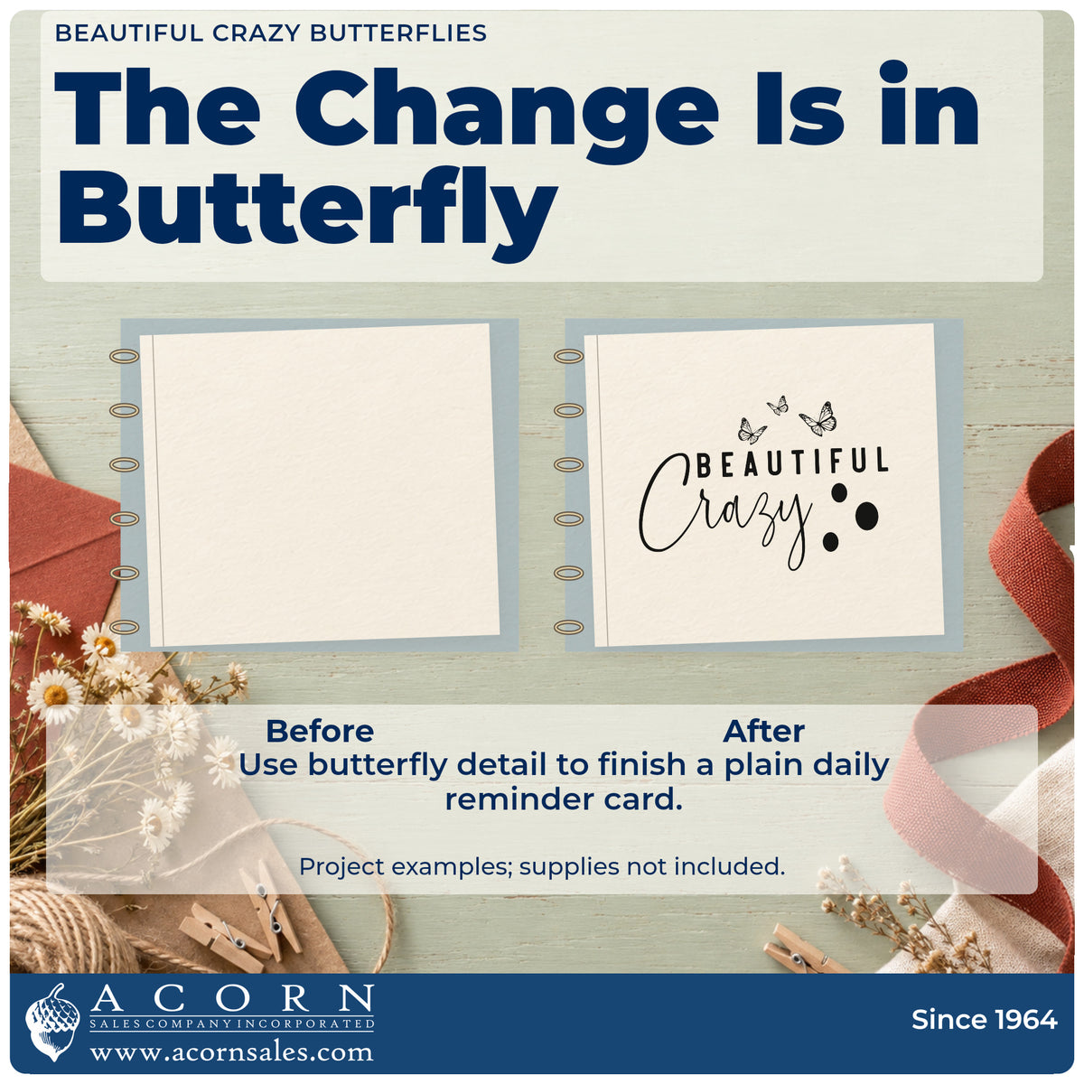 Before and after of a plain item finished with the Beautiful Crazy Butterflies Stamp – Wood Handle, a quick upgrade for framed rental hall.