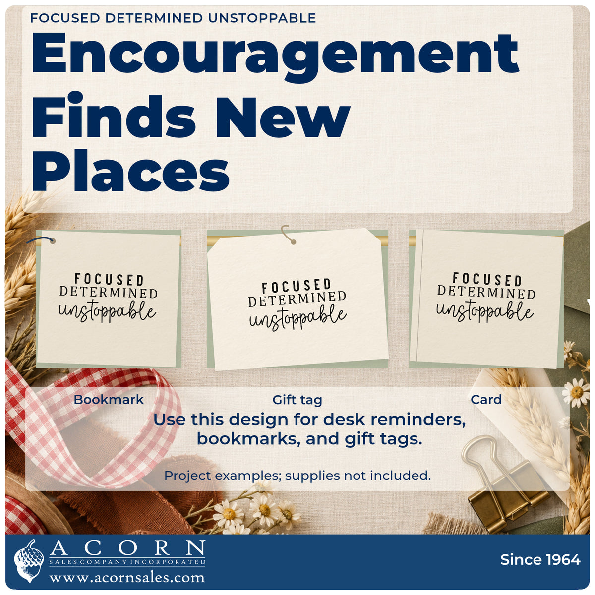 Three project examples made with the Focused Determined Unstoppable Serif Lettering Pre-Inked Stamp – Slim, including close task sheet.