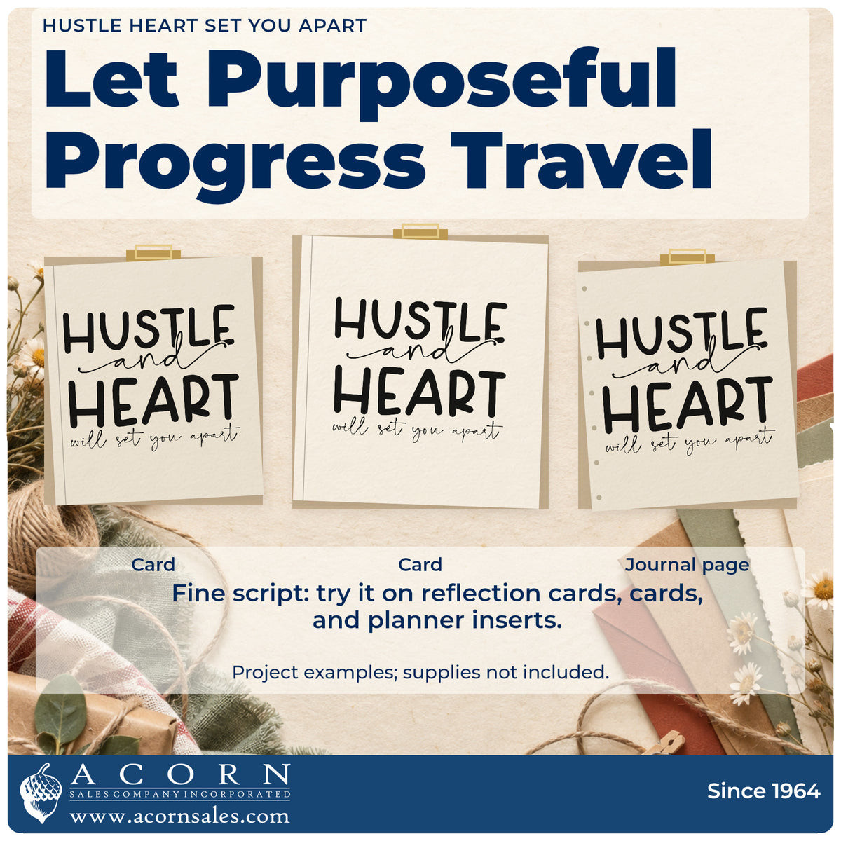 Three project examples made with the Hustle And Heart Will Set You Apart Rubber Stamp – Duo Hand, including event prep sheet.