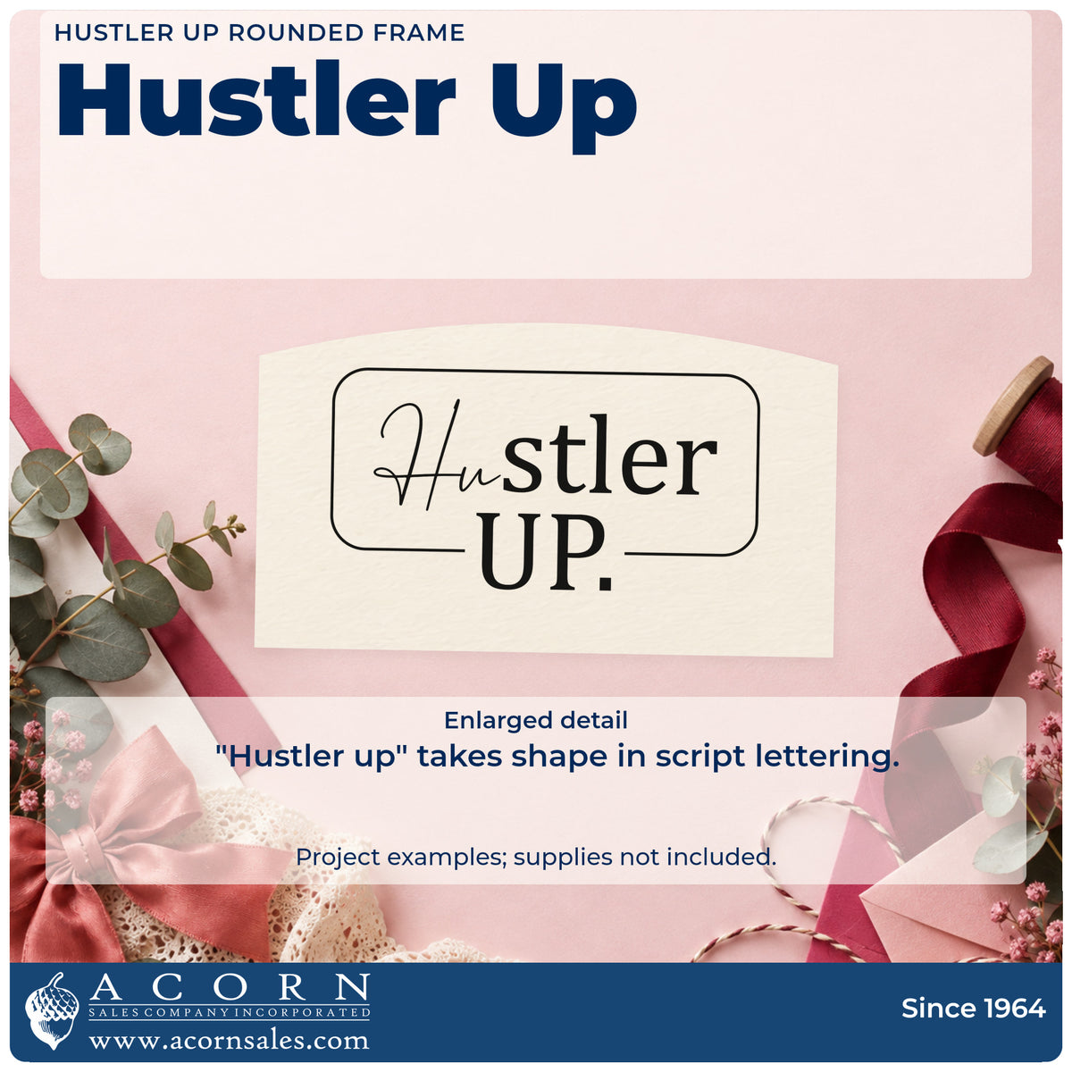 Enlarged detail of the Hustler Up Rounded Framed Lettering Stamp – Self-Inking imprint. The words "Hustler up." appear in mixed script and serif lettering within a rounded rectangular outline.