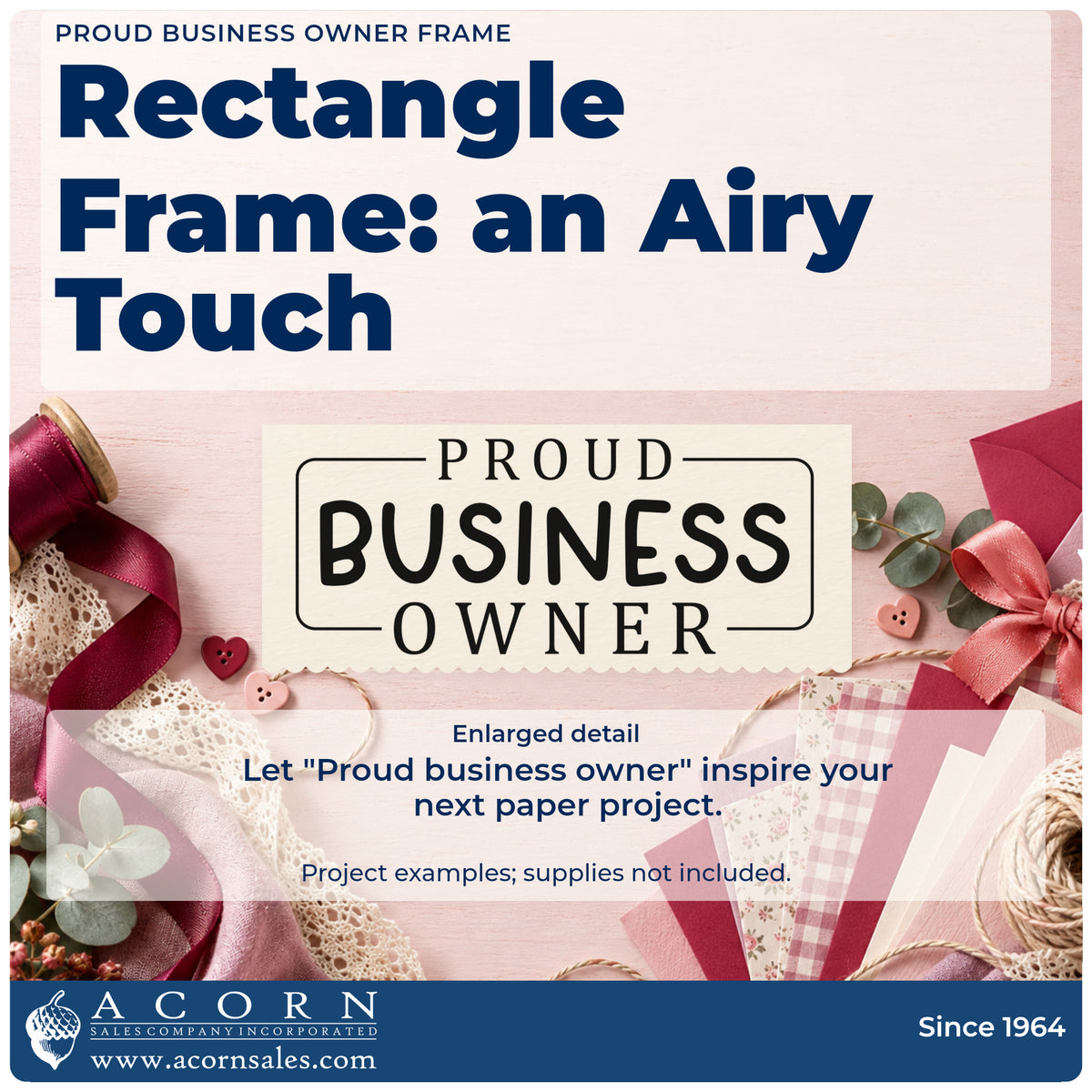 Enlarged detail of the Proud Business Owner Frame Stamp – PSI Pre-Inked imprint. The words "Proud business owner" appear in a thin partially open rectangular frame.