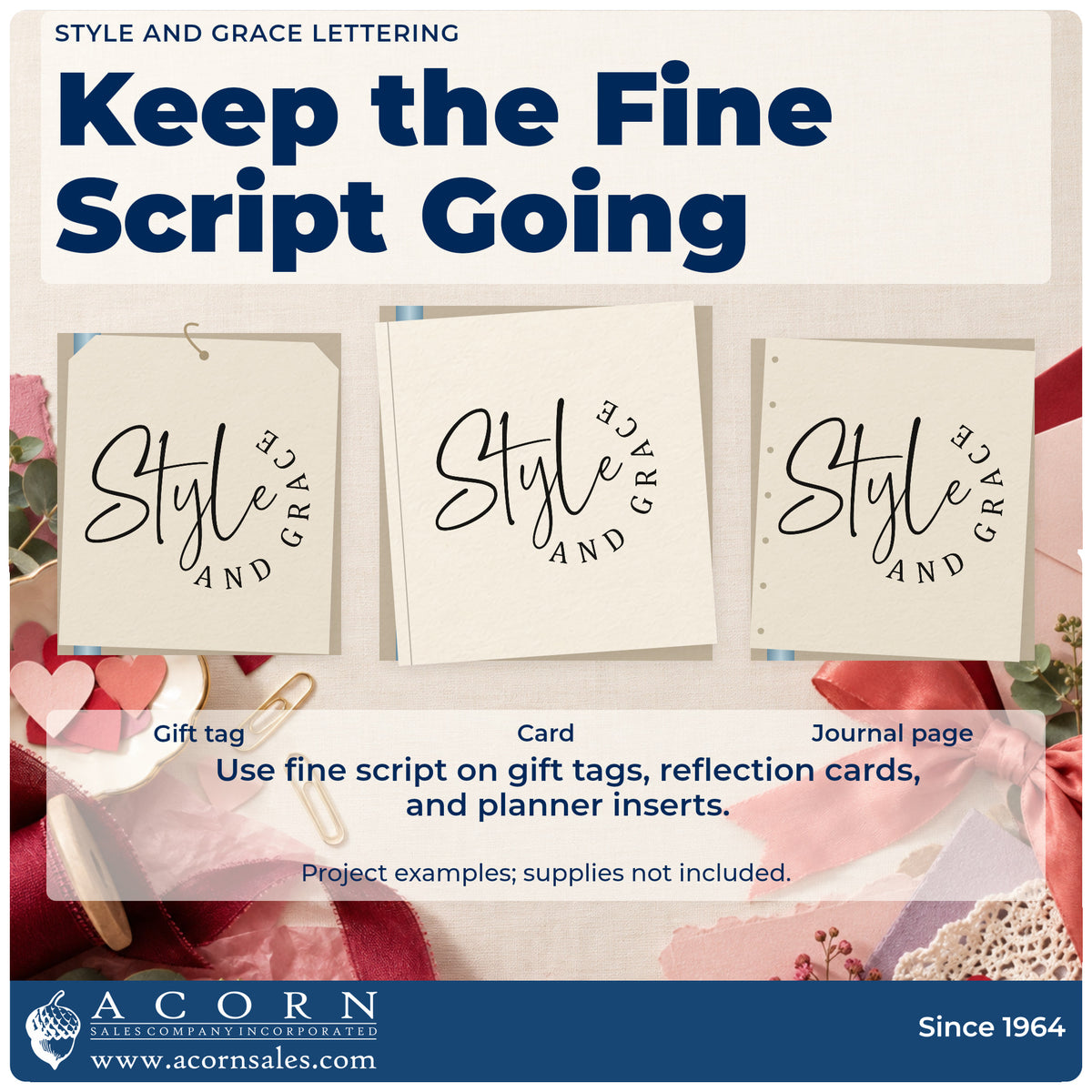 Three project examples made with the Style And Grace Slim Pre-Inked Stamp, including room schedule sheet.