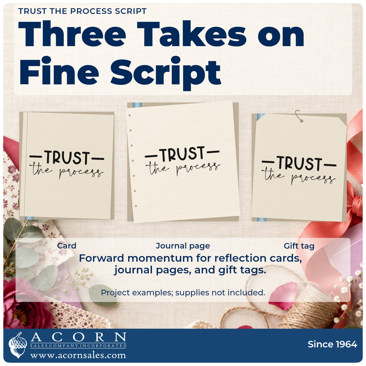 Three project examples made with the Trust The Process Script Slim Pre-Inked Stamp, including cut plan sheet.