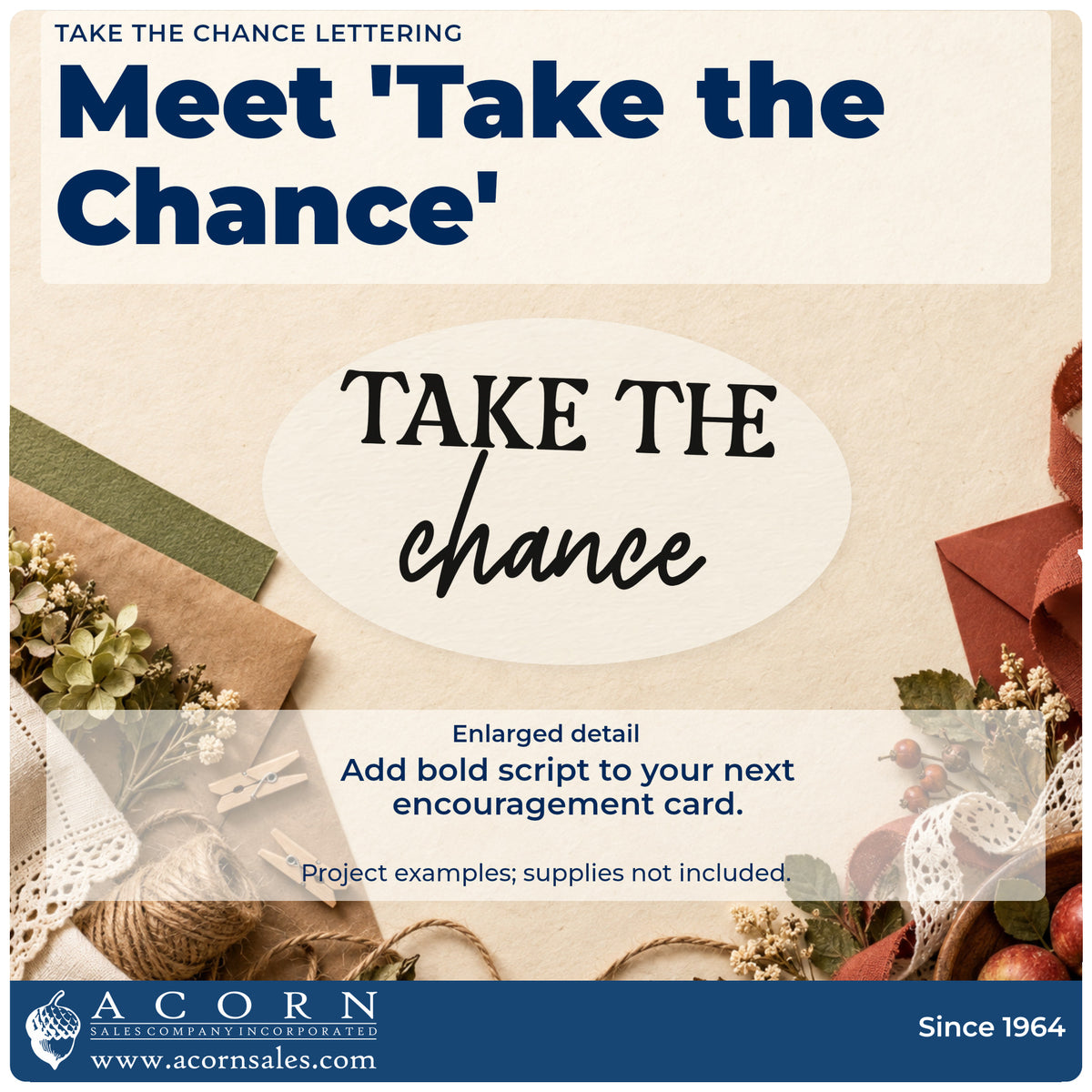 Enlarged detail of the Take The Chance Lettering Wood Handle Stamp imprint. The phrase "Take the chance" appears in bold serif capitals above brush script.