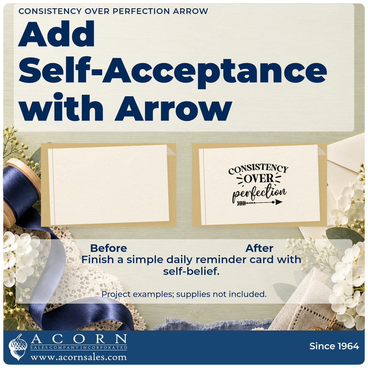 Before and after of a plain item finished with the Consistency Over Perfection Arrow Slim Pre-Inked Stamp, a quick upgrade for framed study wall.
