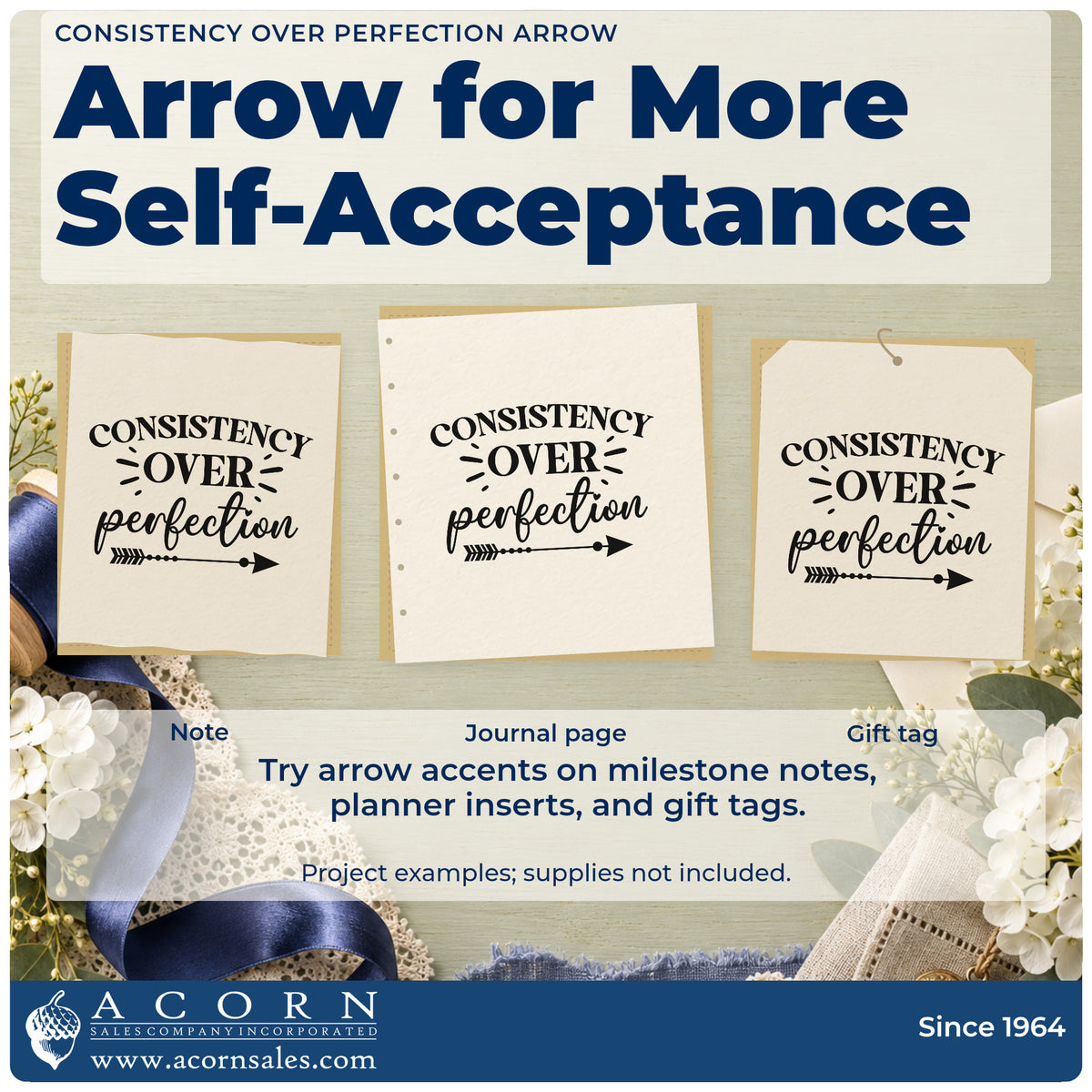 Three project examples made with the Consistency Over Perfection Arrow Stamp – Self-Inking, including daily review sheet.