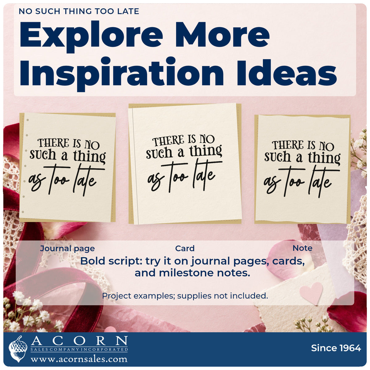 Three project examples made with the There Is No Such A Thing As Too Late Pre-Inked Stamp – PSI, including skill step sheet.