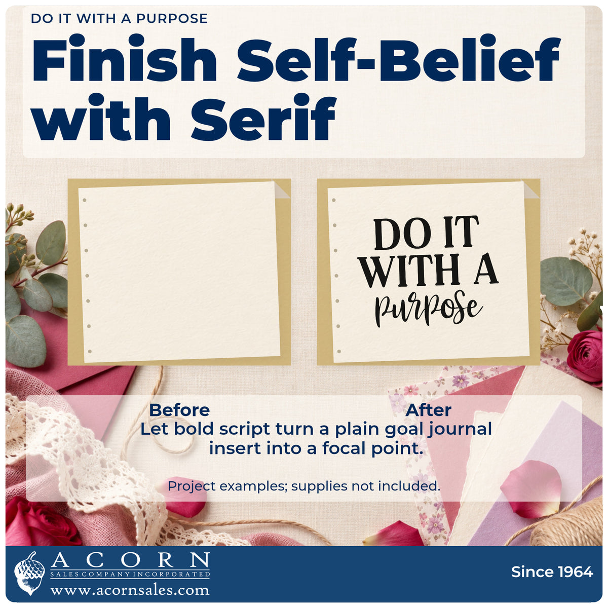 Before and after of a plain item finished with the Do It With A Purpose Serif Lettering Self-Inking Stamp, a quick upgrade for framed trailhead board.