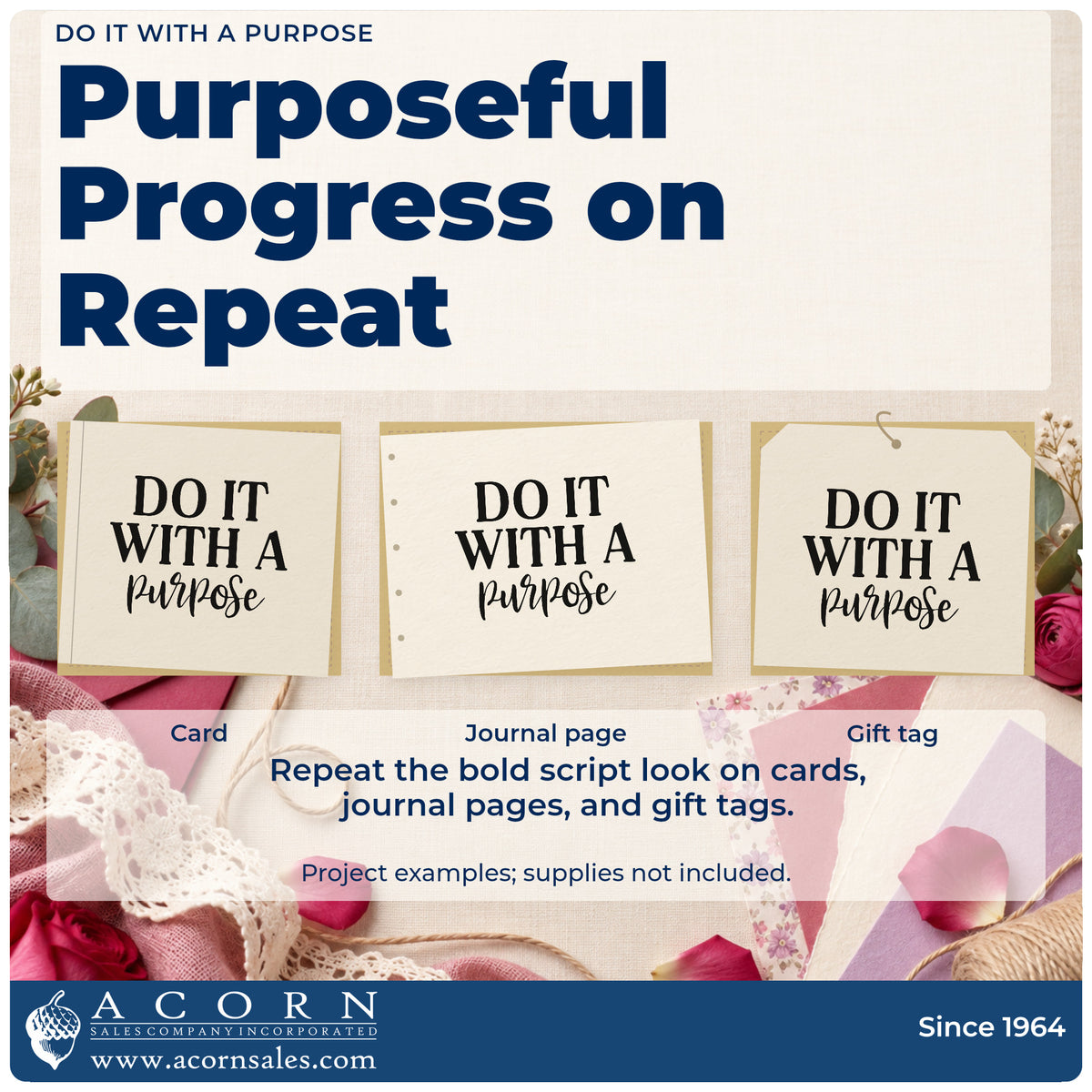 Three project examples made with the Do It With A Purpose Serif Lettering Hand Stamp – Duo, including work day sheet.