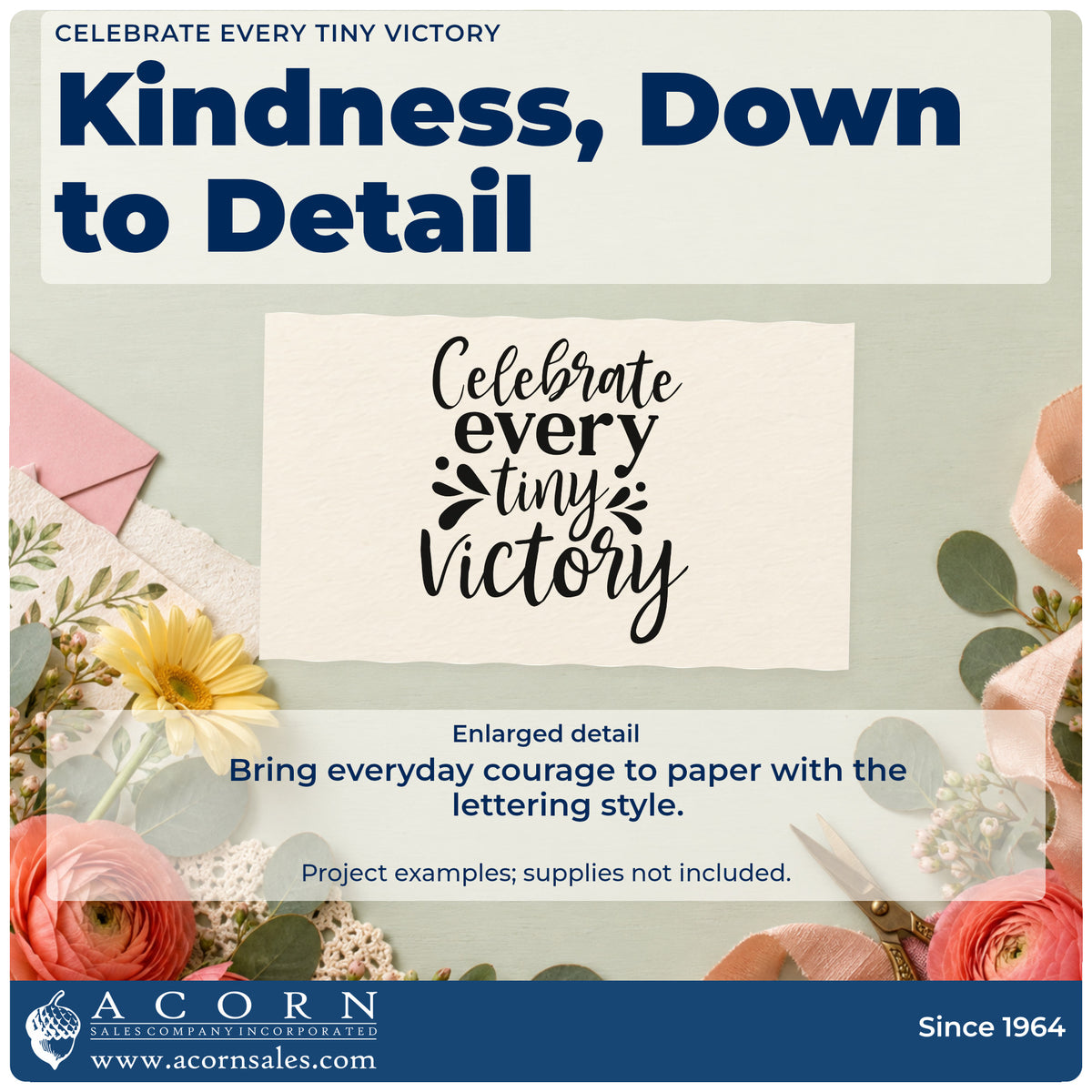 Enlarged detail of the Celebrate Every Tiny Victory Lettering Stamp – Slim Pre-Inked imprint. The phrase "Celebrate every tiny victory" appears in varied lettering with small decorative splashes.