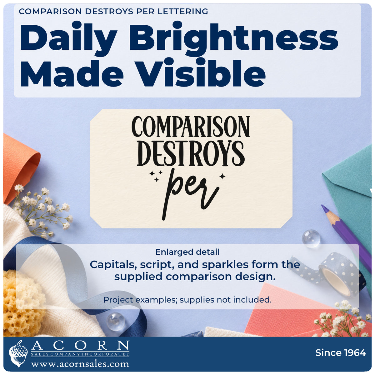 Enlarged detail of the Comparison Quote With Sparkles Script Lettering Duo Hand Stamp imprint. The visible words "Comparison destroys per" appear in tall capitals and script with small sparkles.