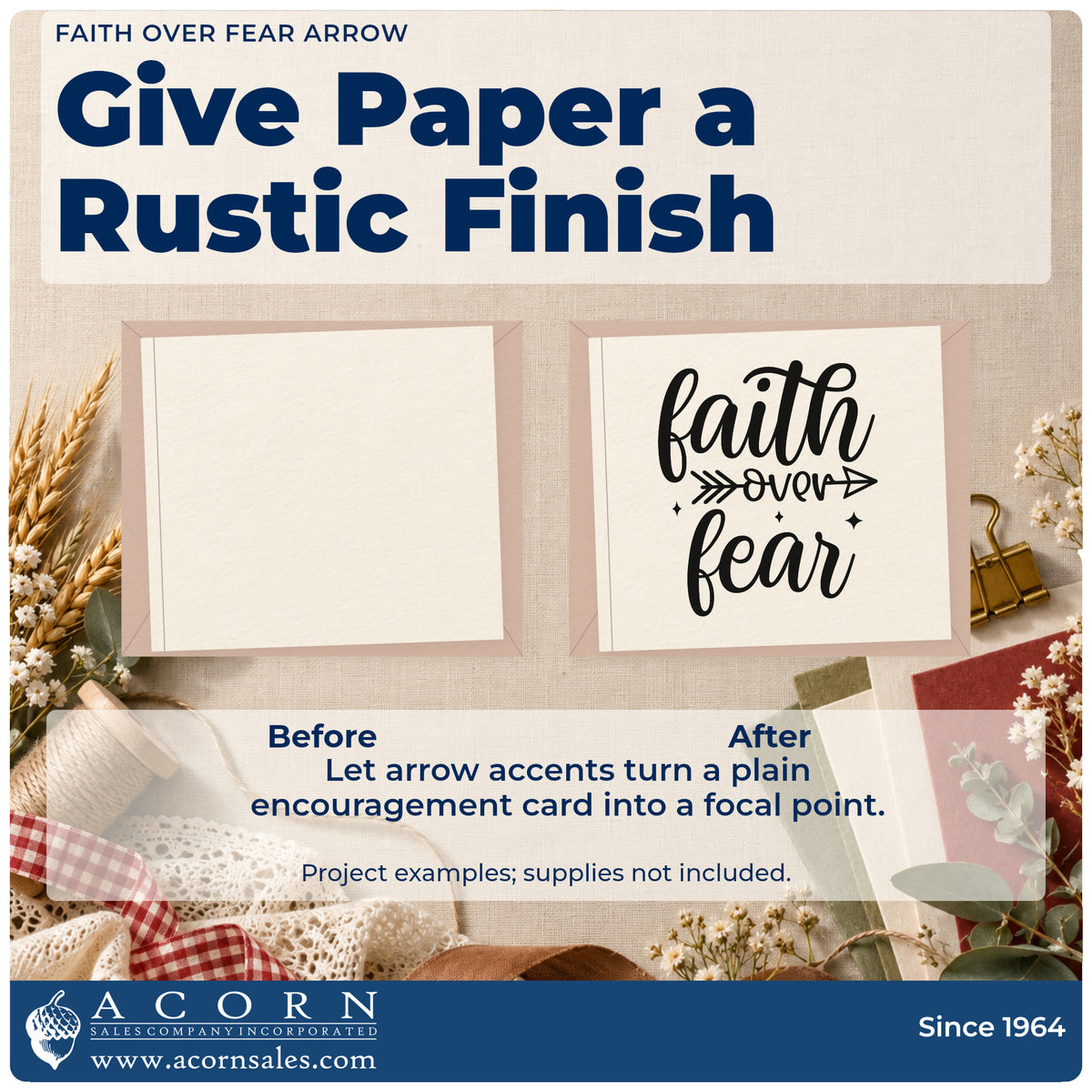 Before and after of a plain item finished with the Faith Over Fear Arrow Slim Pre-Inked Stamp, a quick upgrade for framed youth room.
