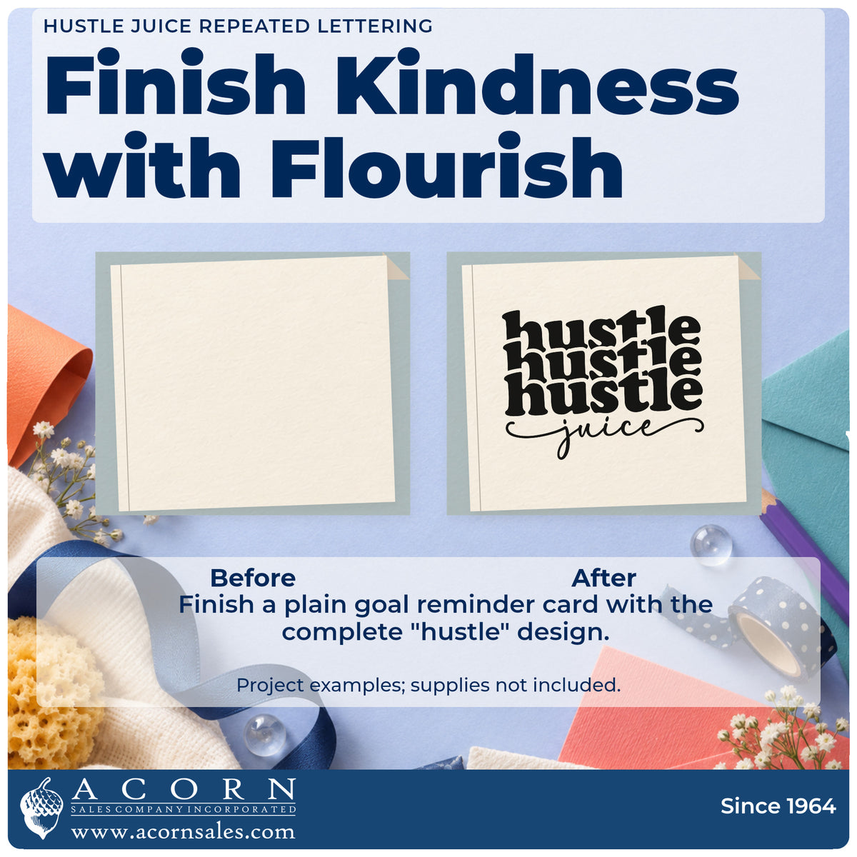 Before and after of a plain item finished with the Duo Hand Hustle Juice Repeated Lettering Rubber Stamp, a quick upgrade for framed cupping table.