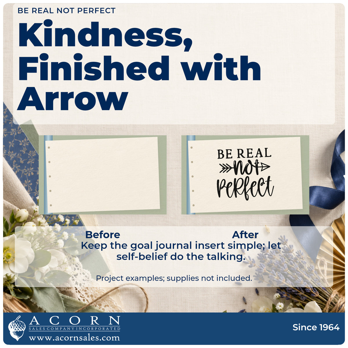 Before and after of a plain item finished with the Be Real Not Perfect Arrow Rubber Stamp – Wood Handle, a quick upgrade for framed kitchen corner.